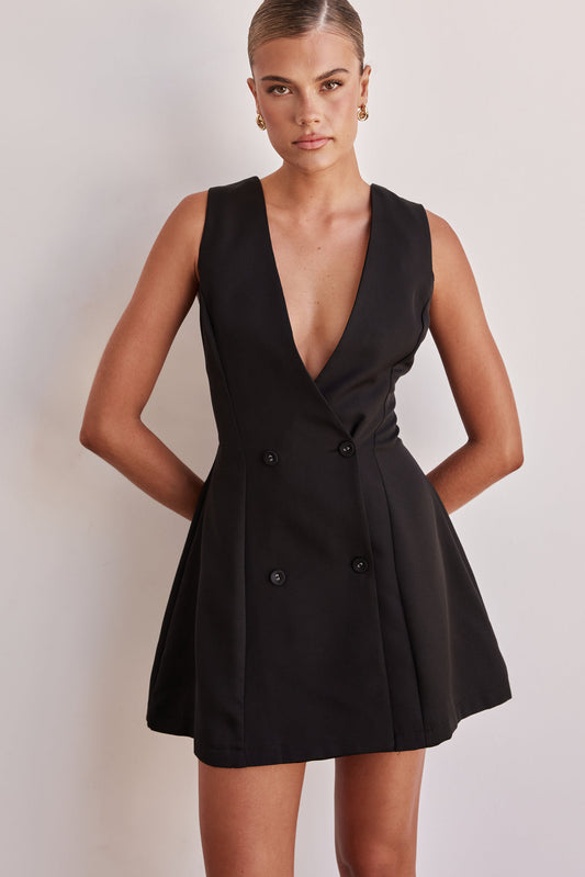 Black Dress - Double Breasted Mini Black Dress for Women Sleeveless