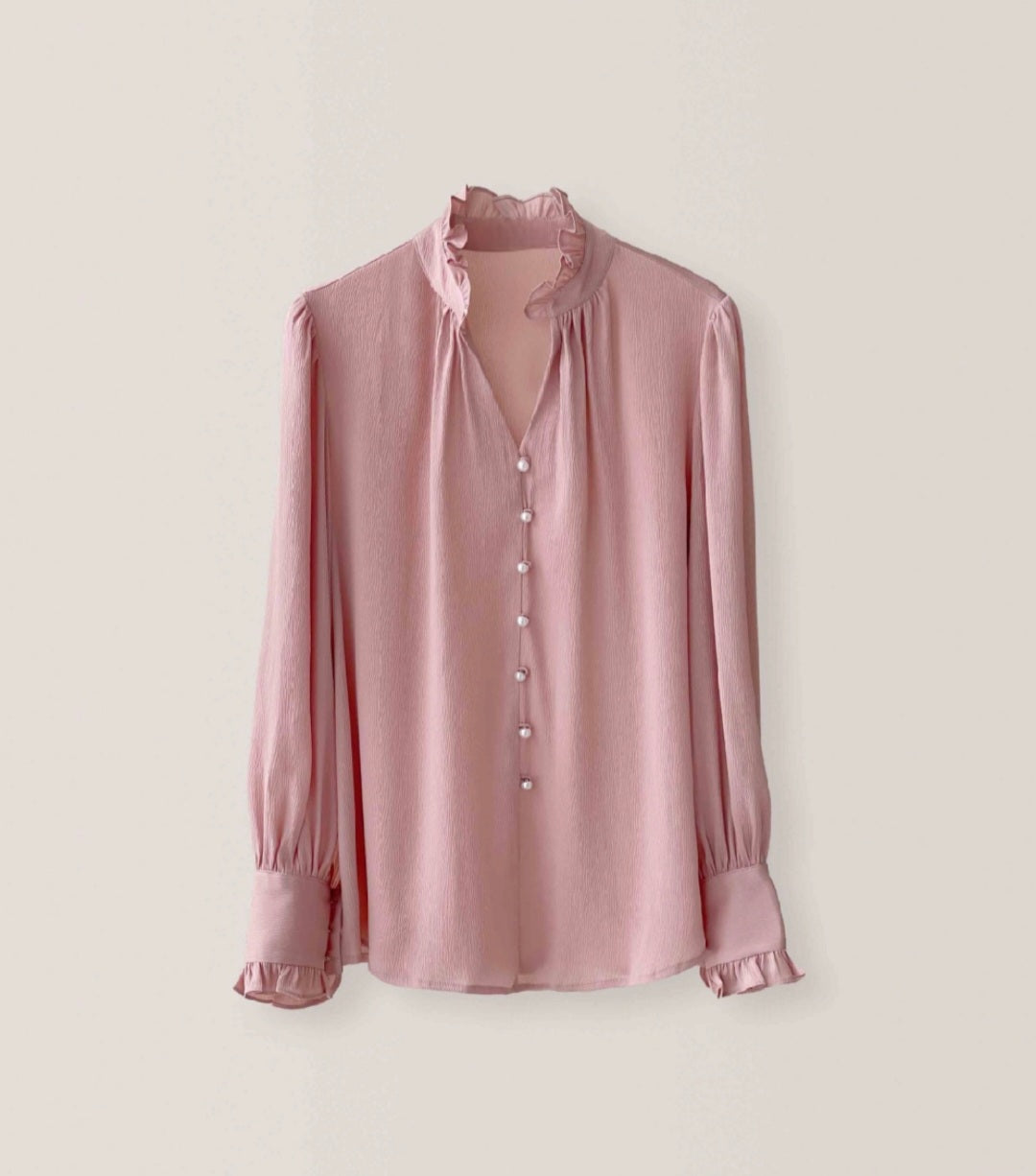 Long Sleeve Top with Frills and Pearl Buttons – Elegant Top for Women