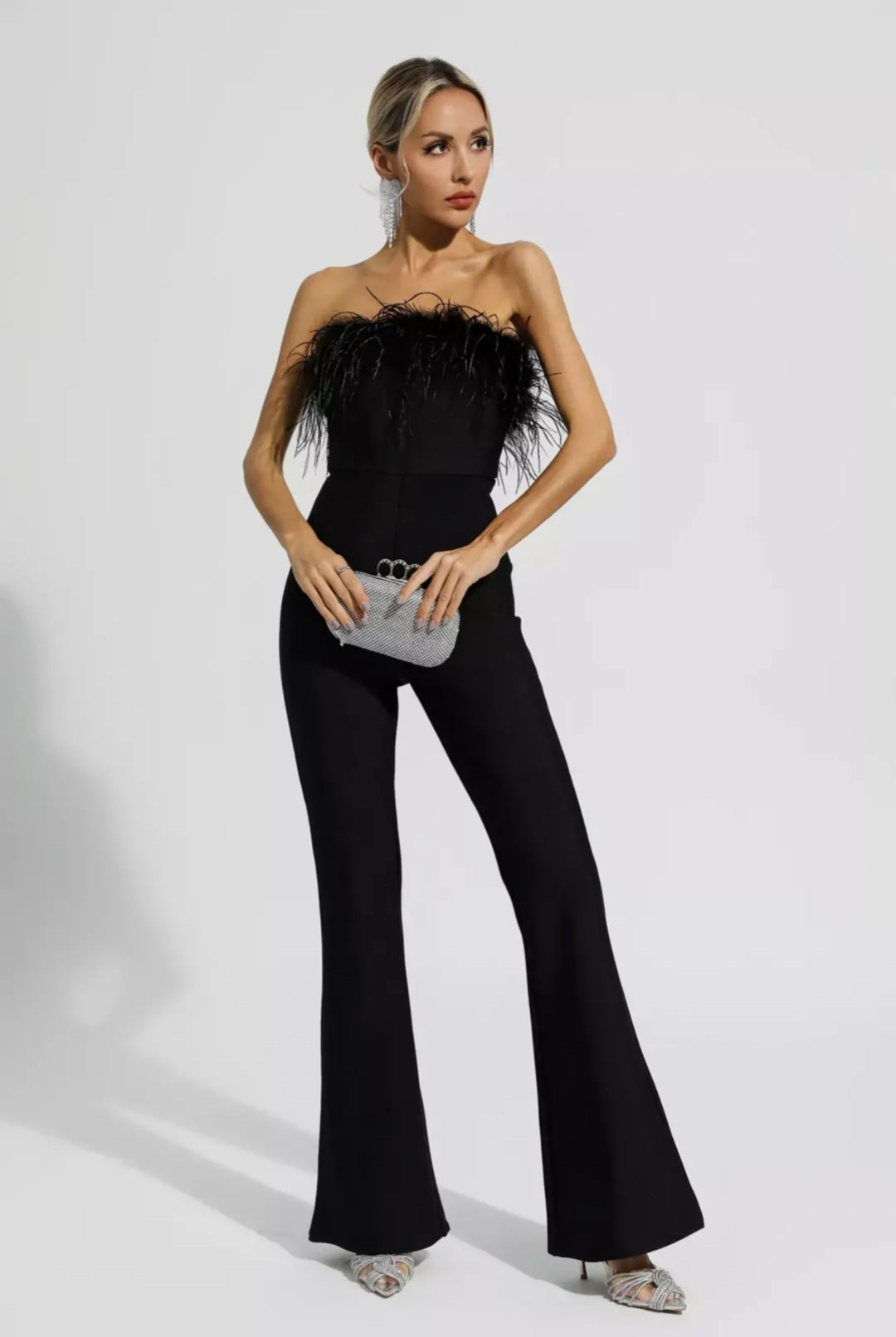 Black Jumpsuit with Ostrich Feathers | Tube Jumpsuit | Feather Jumpsui