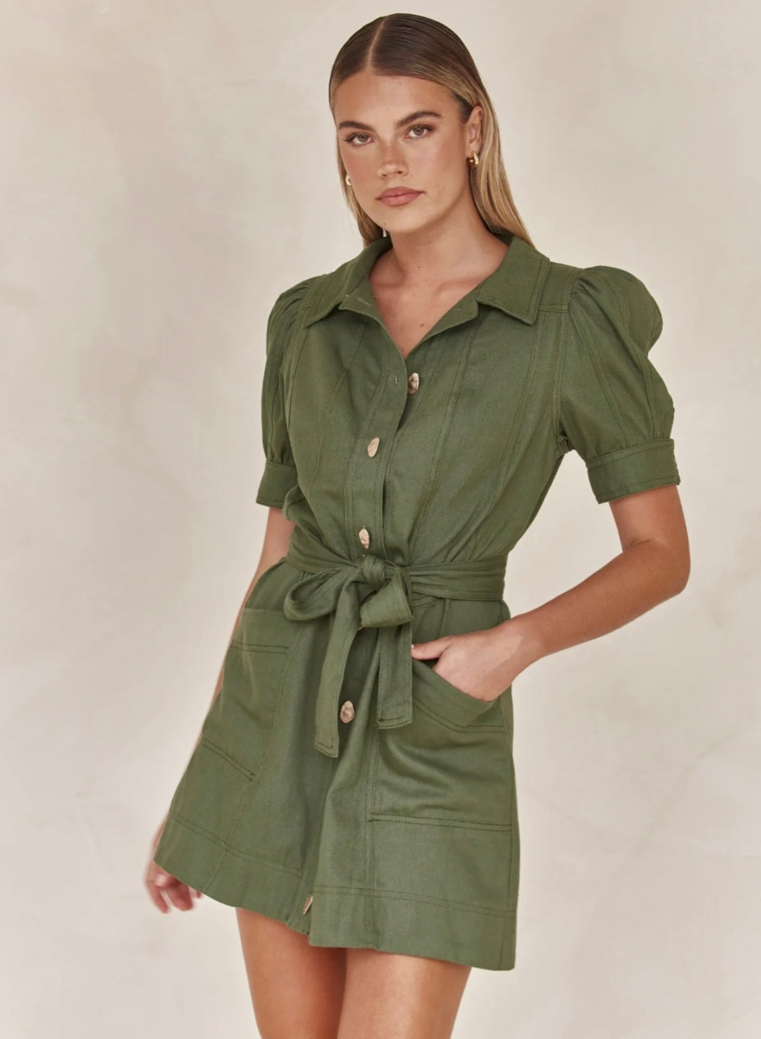 Olive Cotton Linen Dress | Mini Shirt Dress | Cotton Linen Dress | Oli