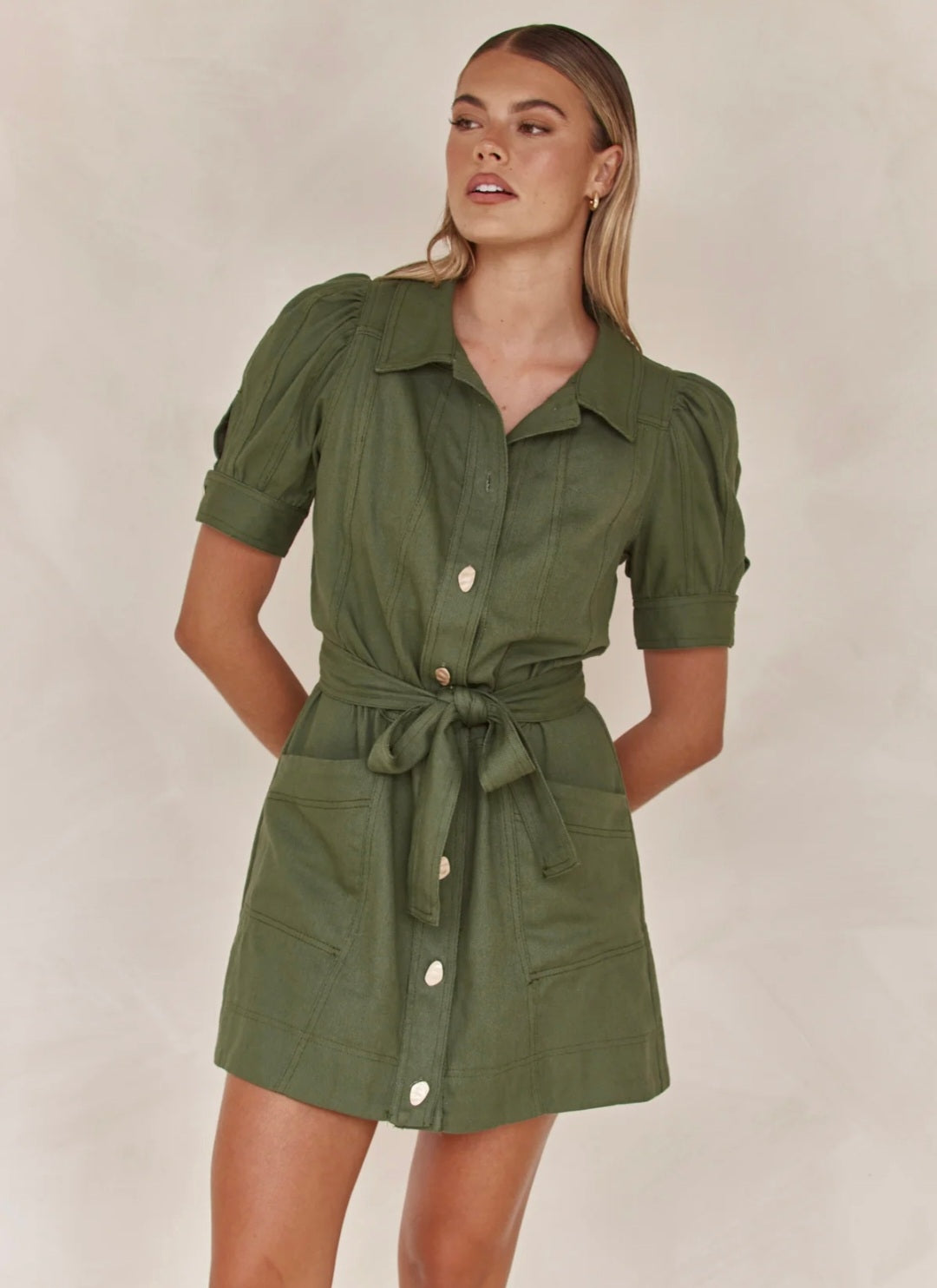 Olive Cotton Linen Dress | Mini Shirt Dress | Cotton Linen Dress | Oli