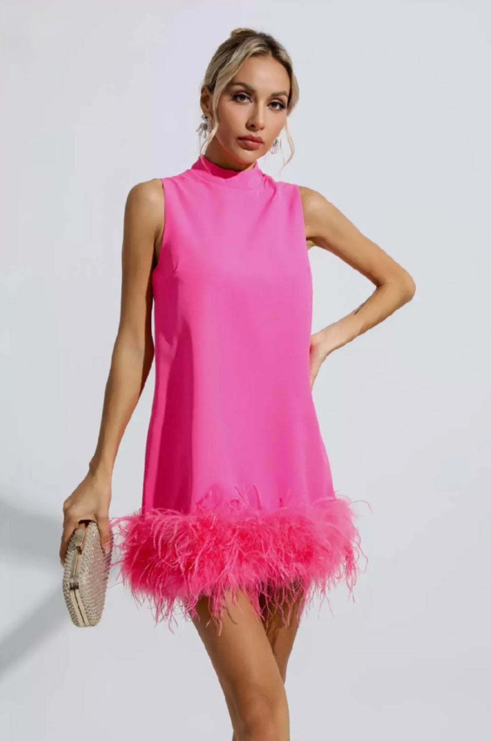 Pink A-Line Dress | Mini Dress | Crepe Dress | Feather Dress