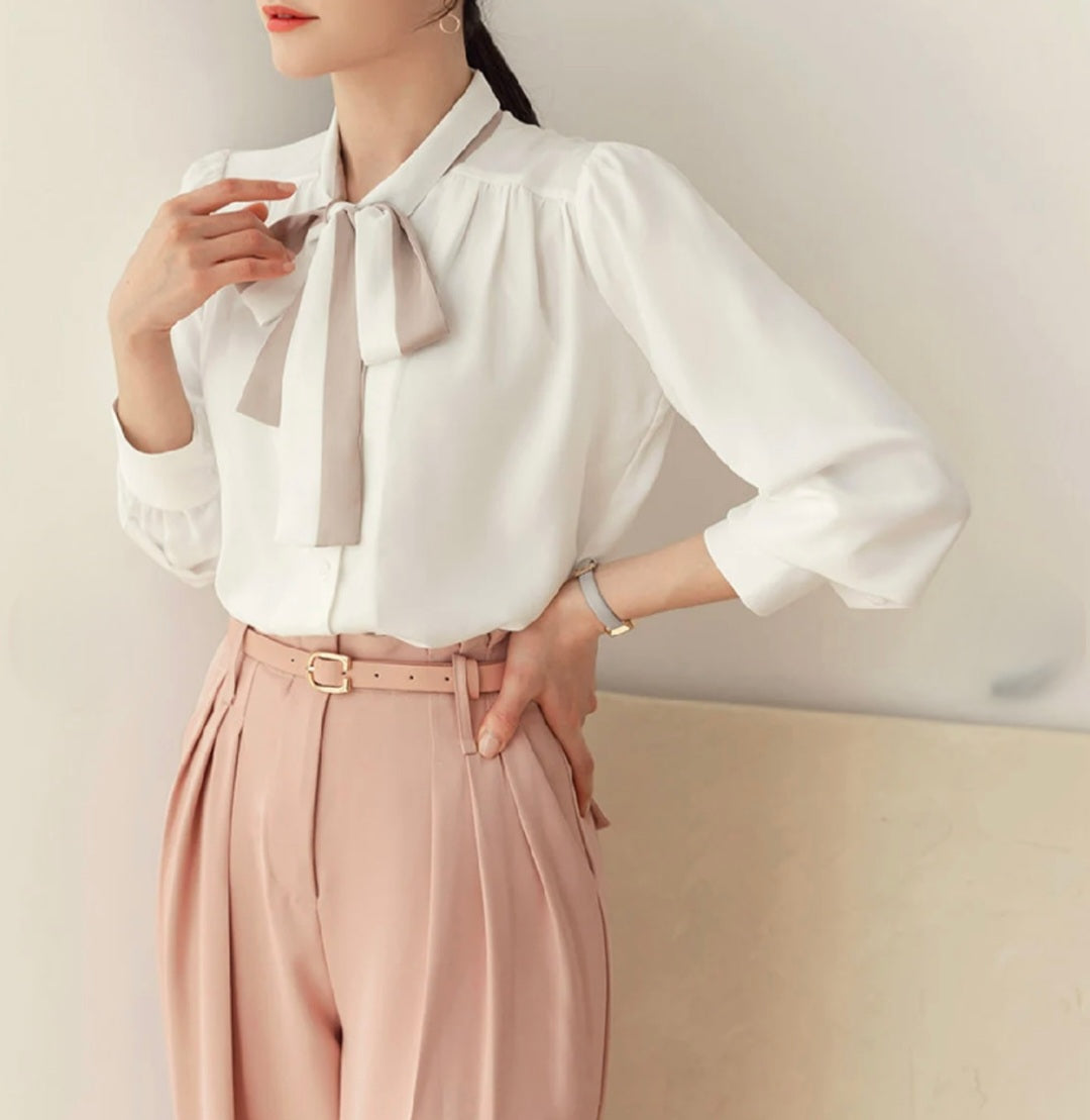 Shirt with Tie-Up Neck and Long Sleeves – Elegant Design for Women