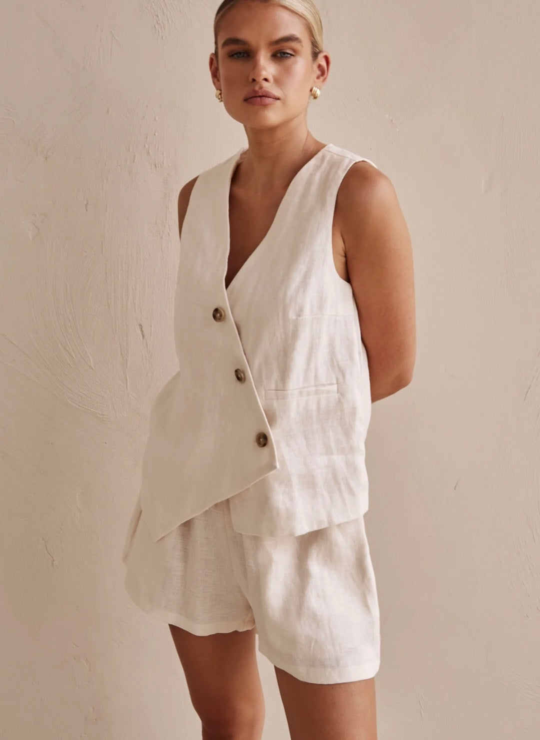 Off-White Asymmetric  Linen Vest| V-Neck Vest | Linen Vest | Linen Clo