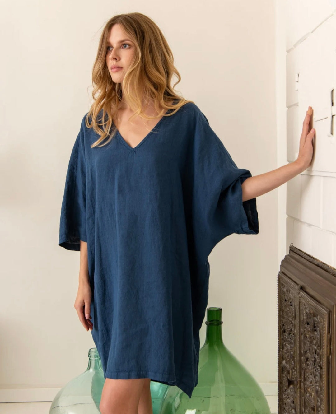 Blue Linen Kaftan Dress |Knee Length Dress | Linen Dress | Linen Cloth