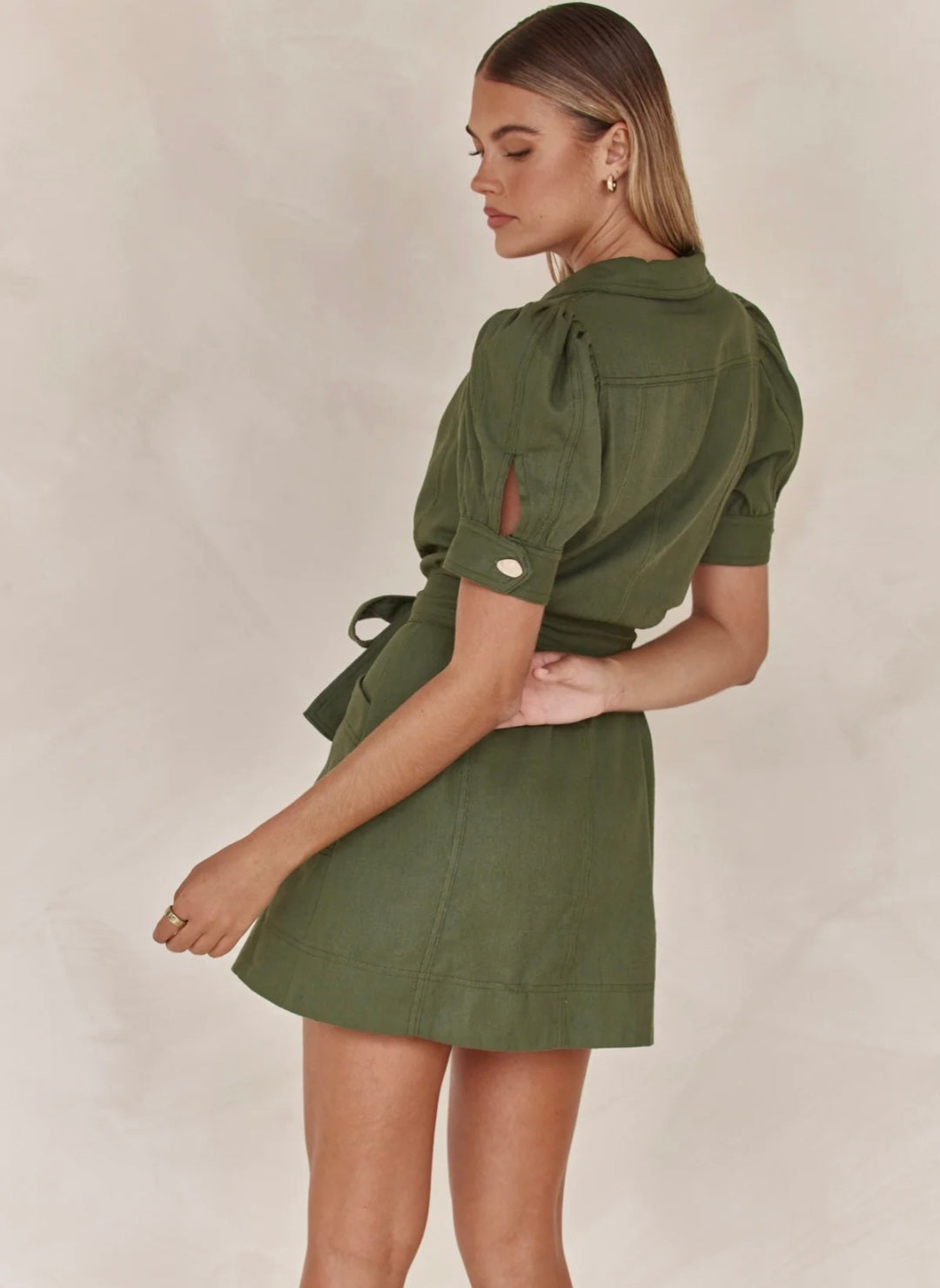 Olive Cotton Linen Dress | Mini Shirt Dress | Cotton Linen Dress | Oli