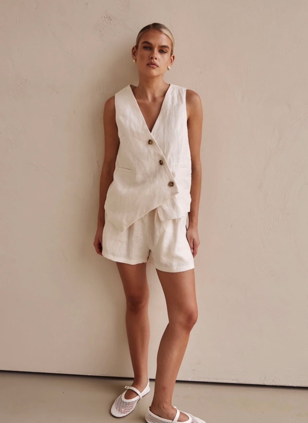 Off-White Asymmetric  Linen Vest| V-Neck Vest | Linen Vest | Linen Clo