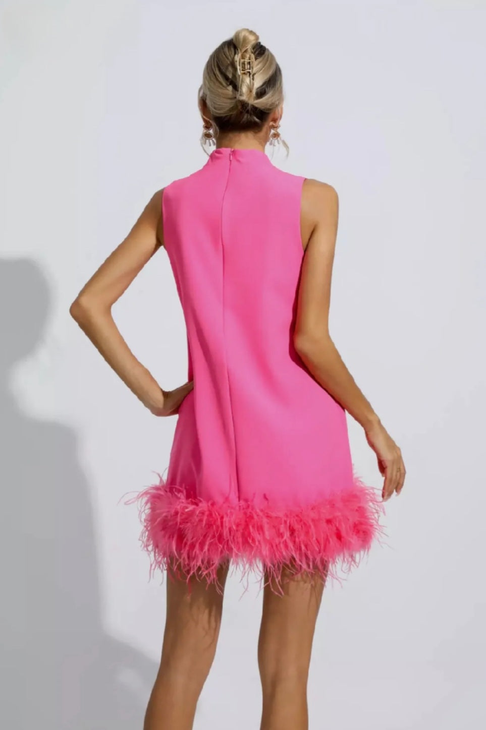 Pink A-Line Dress | Mini Dress | Crepe Dress | Feather Dress