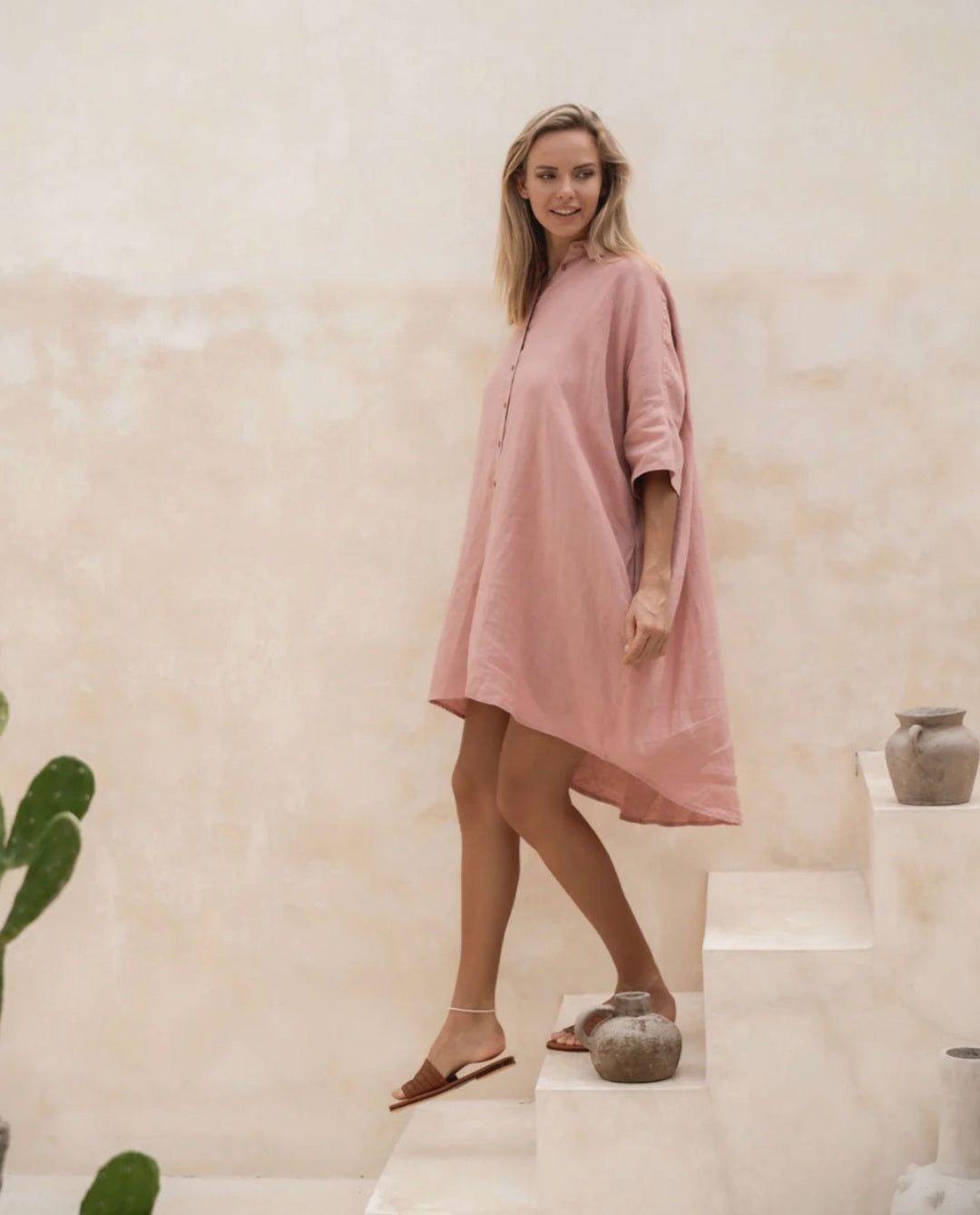 Peach Linen Asymmetric Dress | Shirt Dress | Linen Dress | Linen Cloth