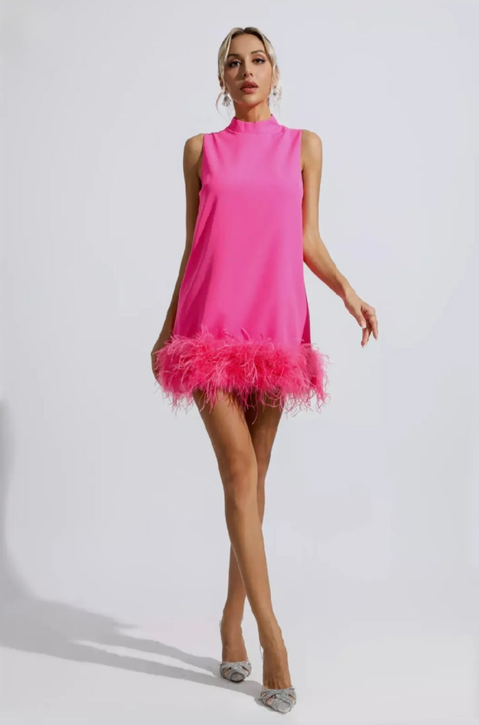 Pink A-Line Dress | Mini Dress | Crepe Dress | Feather Dress