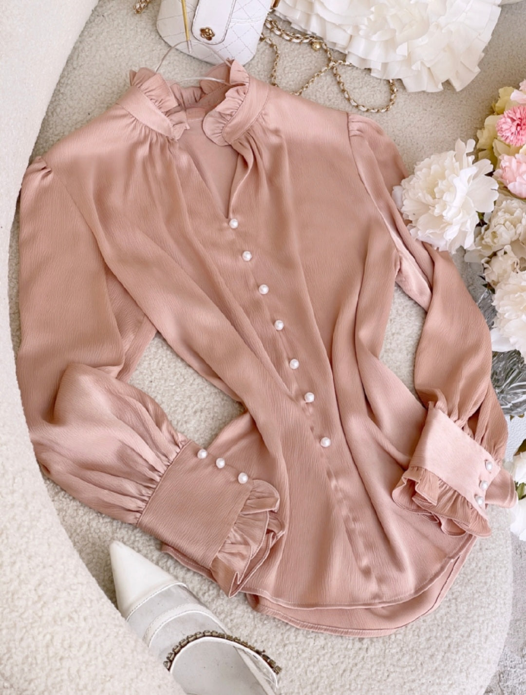 Long Sleeve Top with Frills and Pearl Buttons – Elegant Top for Women