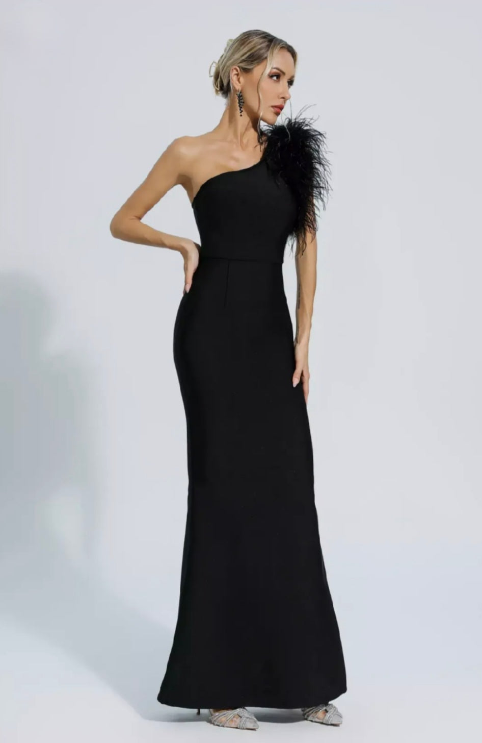 Black Feather Dress | Maxi Dress | Black Dress | One Shoulder Dress