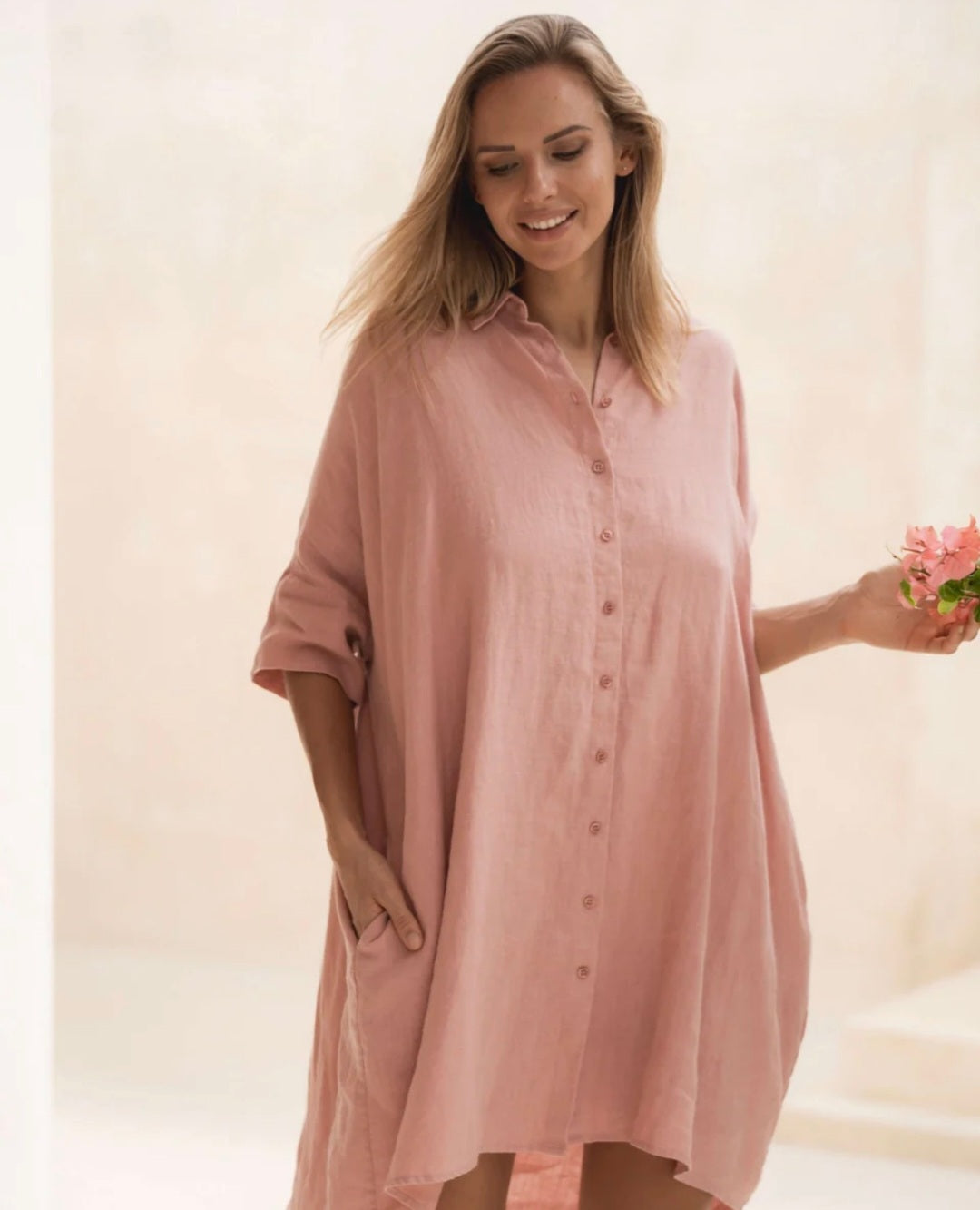 Peach Linen Asymmetric Dress | Shirt Dress | Linen Dress | Linen Cloth