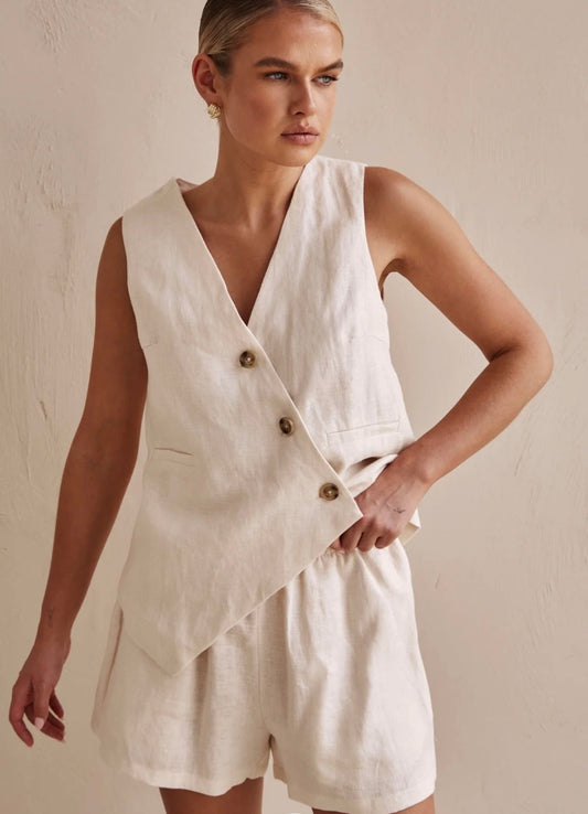 Off-White Asymmetric  Linen Vest| V-Neck Vest | Linen Vest | Linen Clo