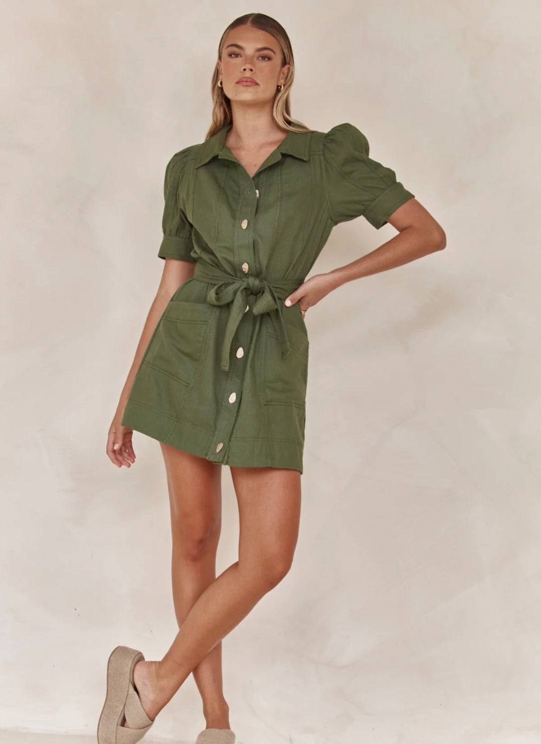 Olive Cotton Linen Dress | Mini Shirt Dress | Cotton Linen Dress | Oli