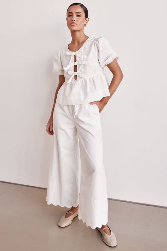 Co Ord Set - White Linen Two-Piece Peplum Top & Plazo for Women