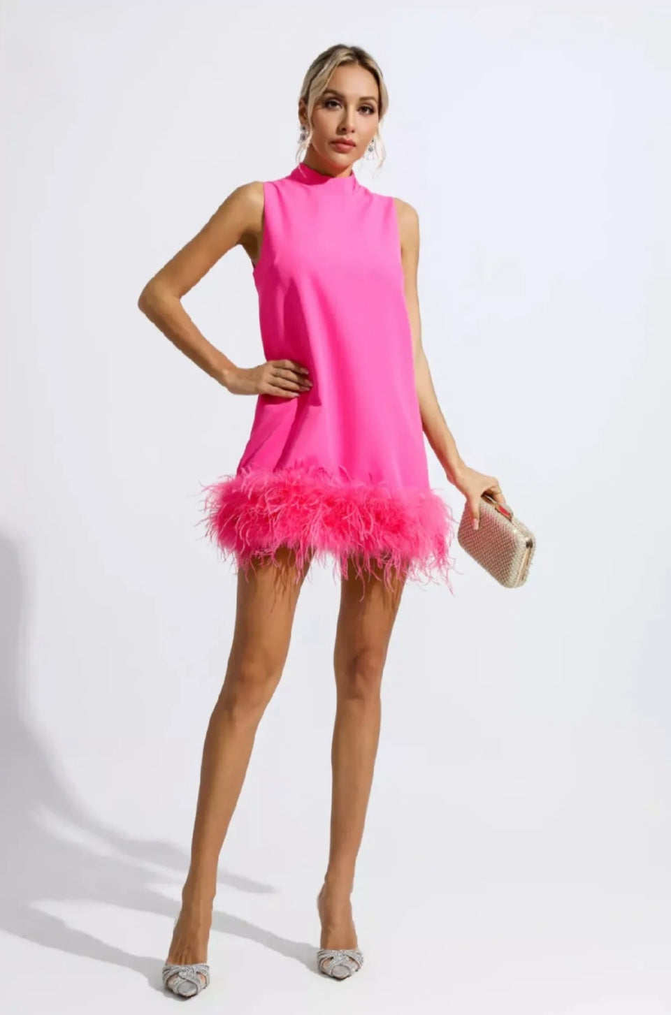 Pink A-Line Dress | Mini Dress | Crepe Dress | Feather Dress