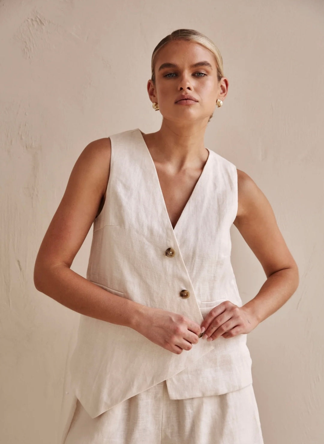 Off-White Asymmetric  Linen Vest| V-Neck Vest | Linen Vest | Linen Clo