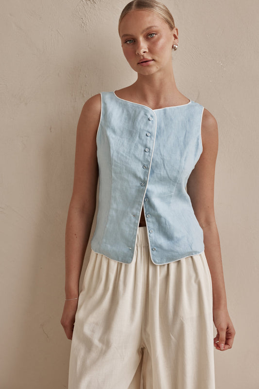 Linen Vest - Sky Blue Sleeveless for Women | Linen Vest Womens