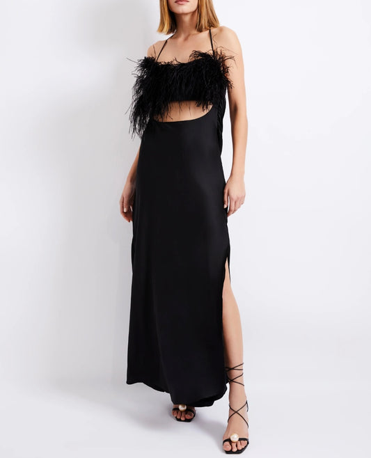 Black Maxi Feather Dress | Strap Dress | Feather Dress | Backless Dres