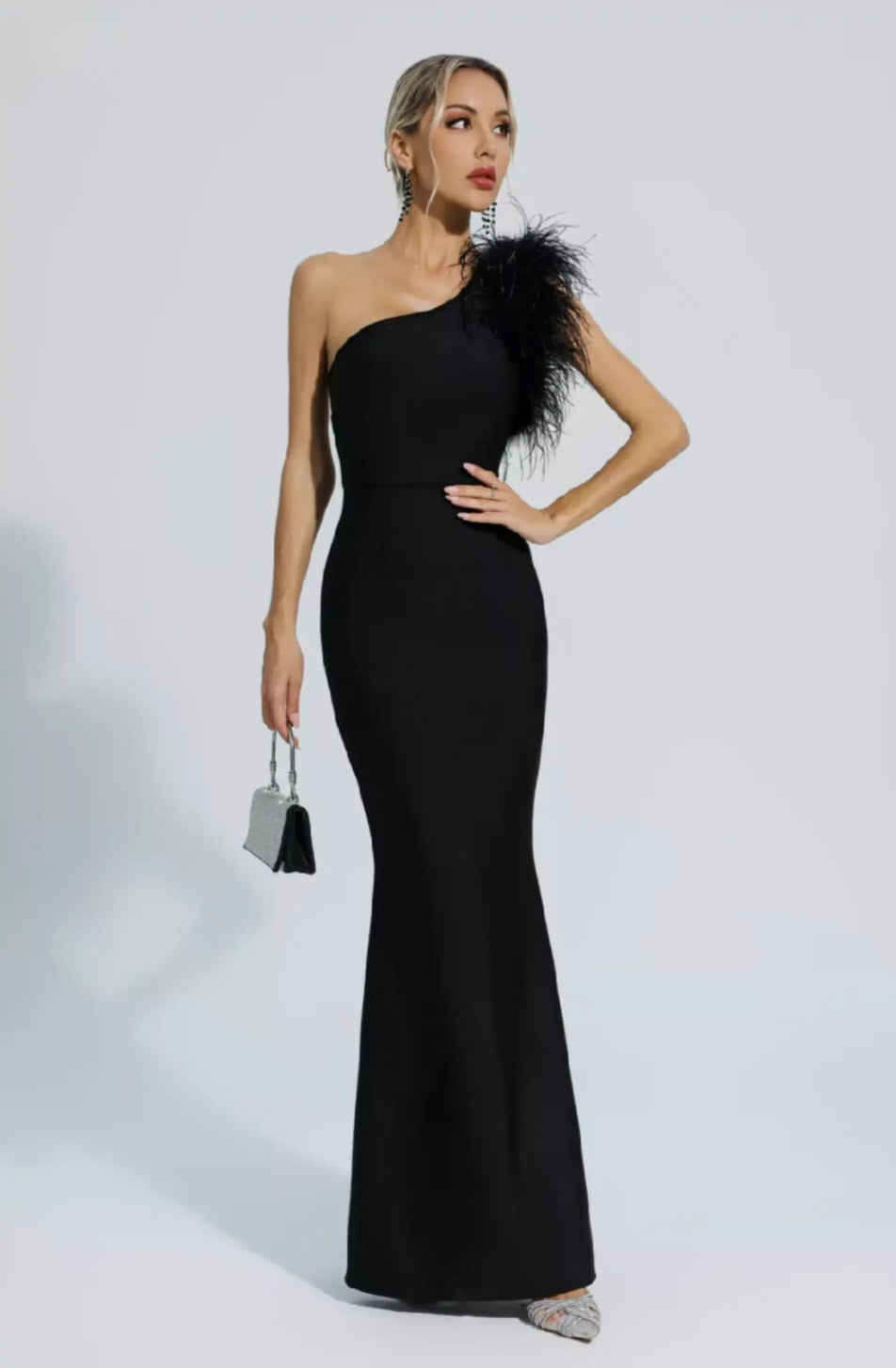 Black Feather Dress | Maxi Dress | Black Dress | One Shoulder Dress