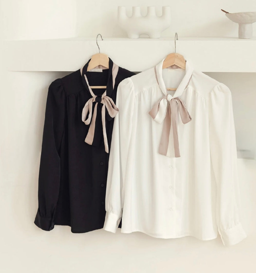 Shirt with Tie-Up Neck and Long Sleeves – Elegant Design for Women