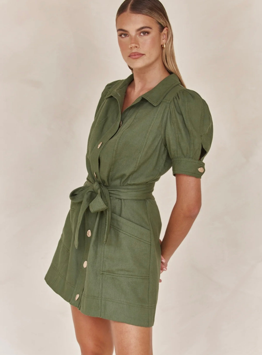 Olive Cotton Linen Dress | Mini Shirt Dress | Cotton Linen Dress | Oli