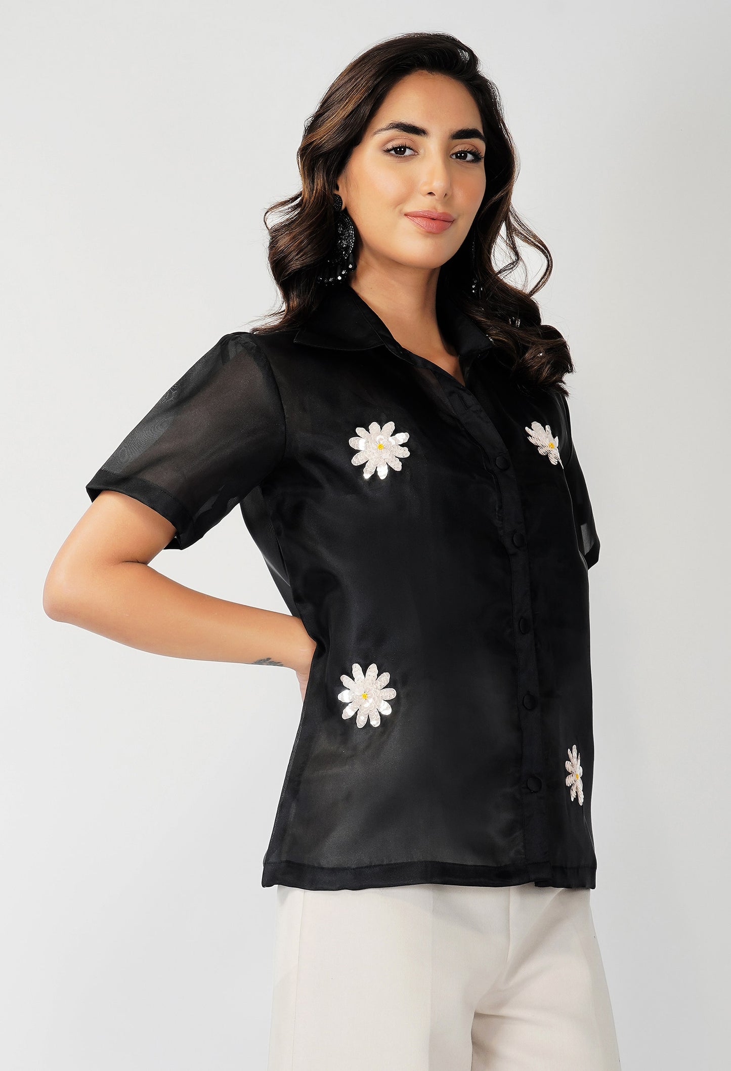 Black Organza Shirt | Organza Shirt | Embroidered Shirt | Sequin Shirt