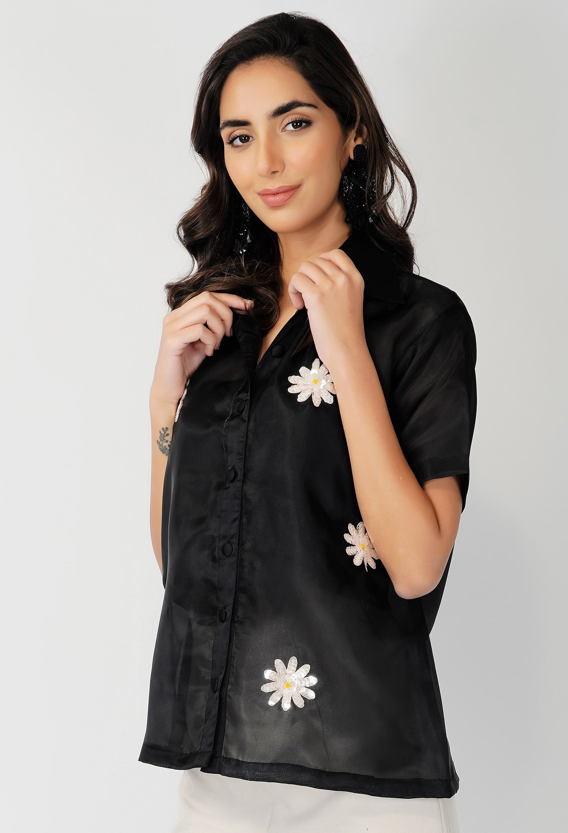 Black Organza Shirt | Organza Shirt | Embroidered Shirt | Sequin Shirt