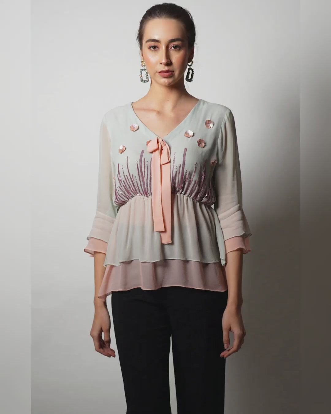 Ice Blue Georgette Peplum Top with Hand Embroidery and Peach Accents