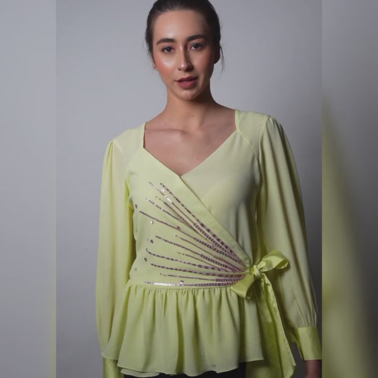 Lemon Yellow Georgette Top with Lavender Sequin Embroidery