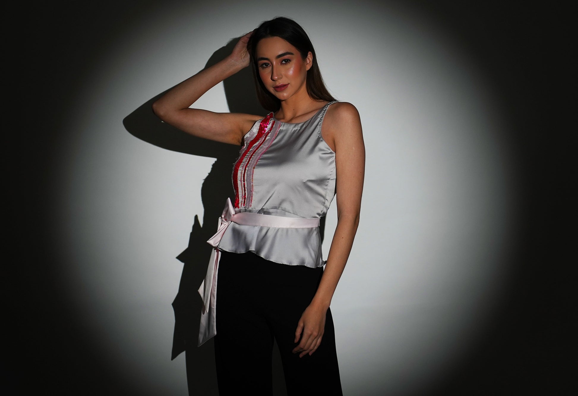 Satin Top | Grey Top | Peplum Top | Embroidered Top | Top with Tie-up