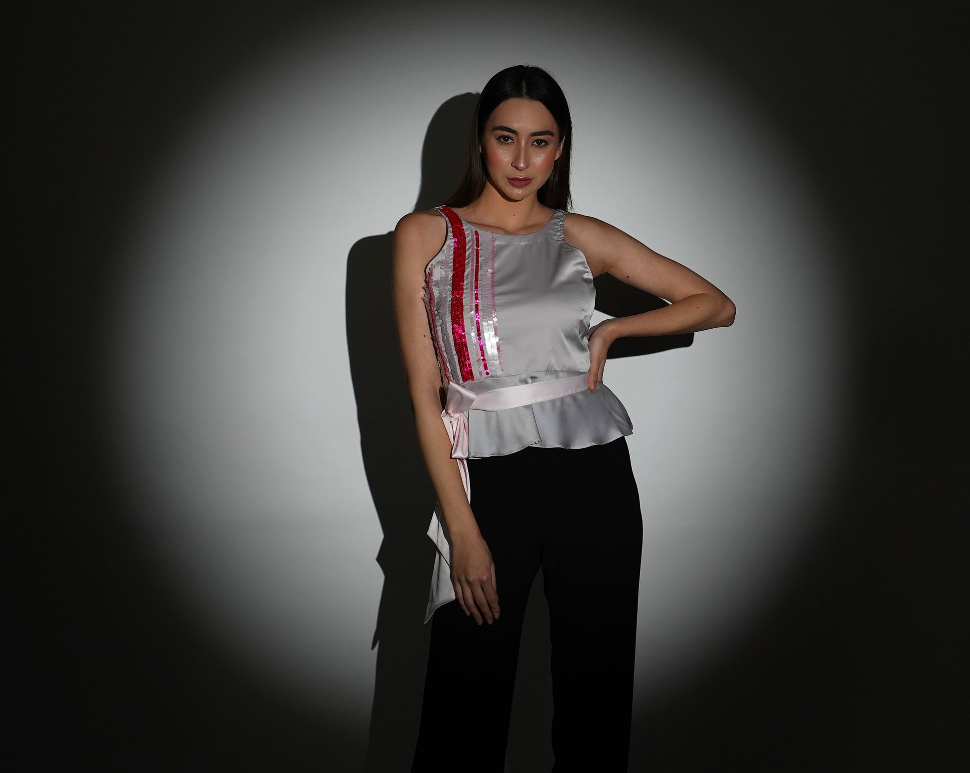 Satin Top | Grey Top | Peplum Top | Embroidered Top | Top with Tie-up