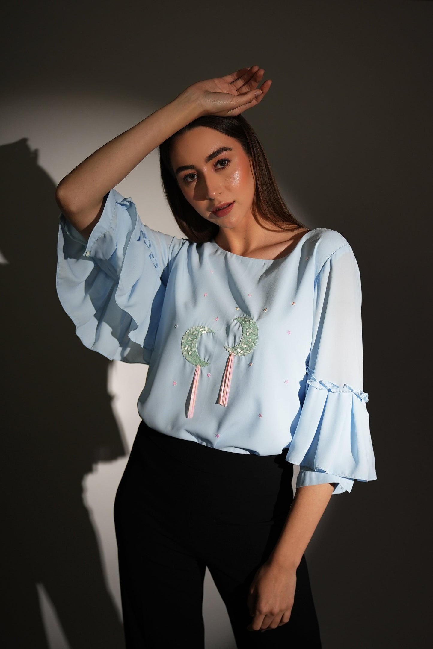 Sky Blue Top | Georgette Top | Ruffle Top | Embroidered Top