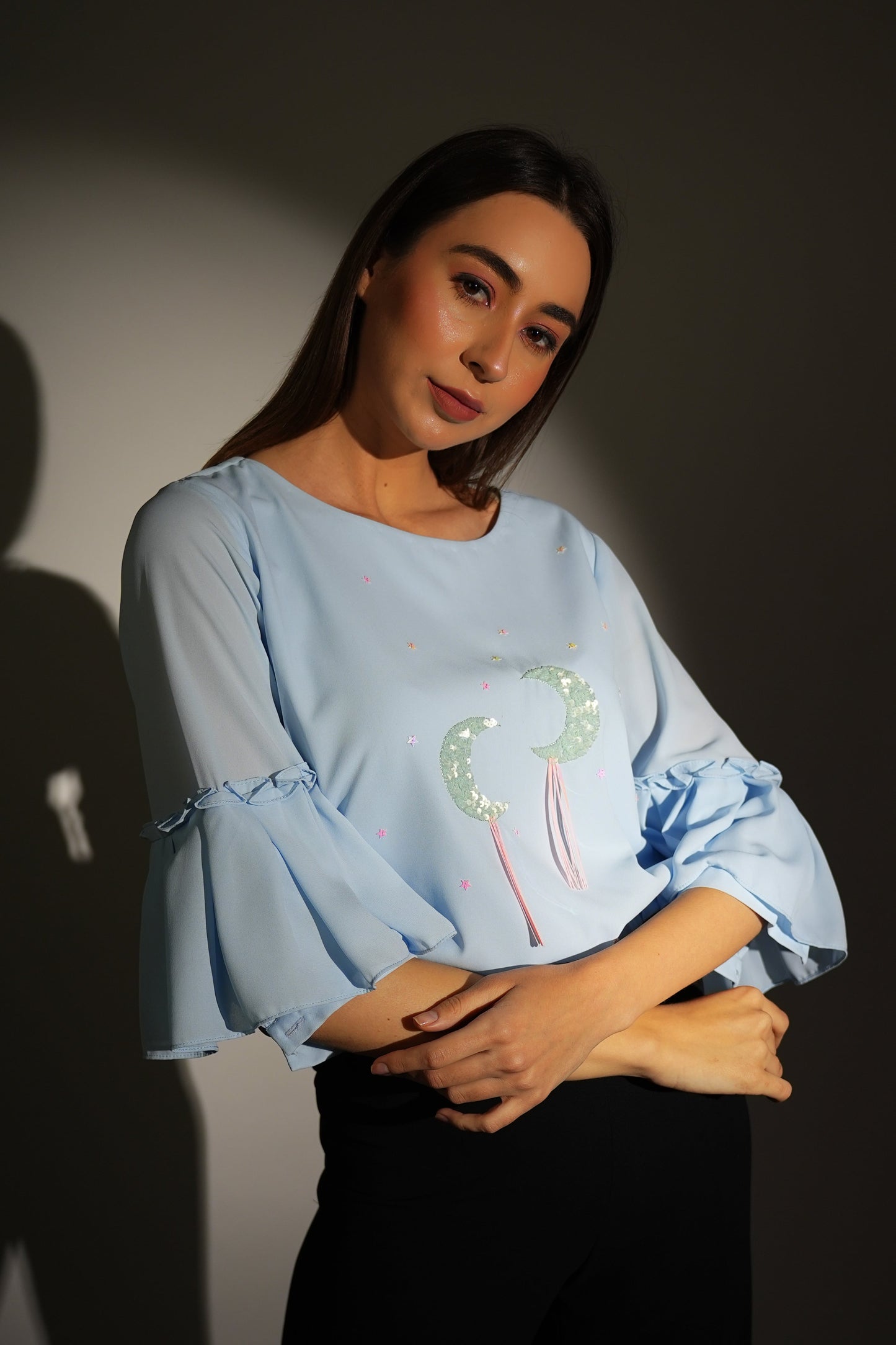 Sky Blue Top | Georgette Top | Ruffle Top | Embroidered Top