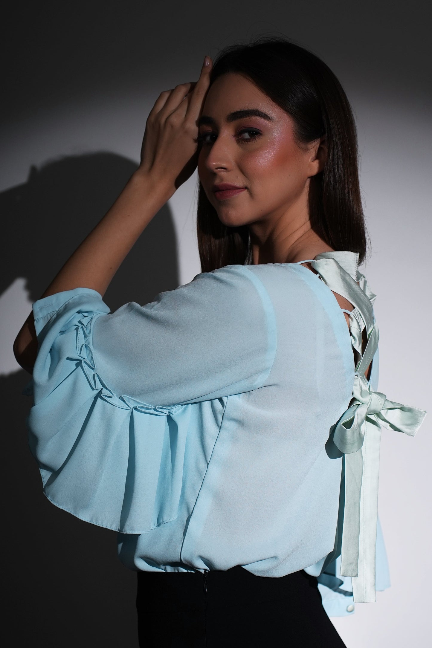 Sky Blue Top | Georgette Top | Ruffle Top | Embroidered Top