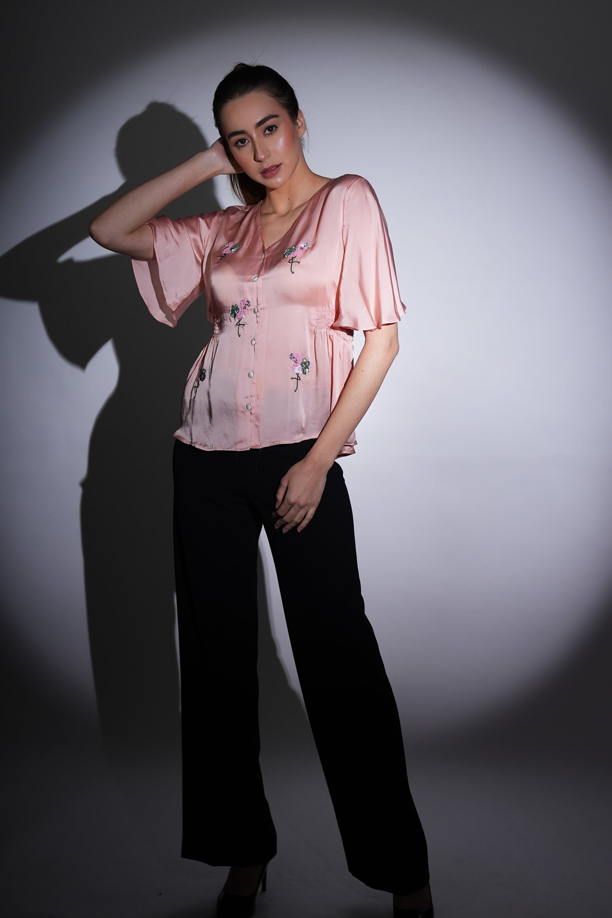 Satin shirt | Peach shirt | Embroidered shirt | Smock Design