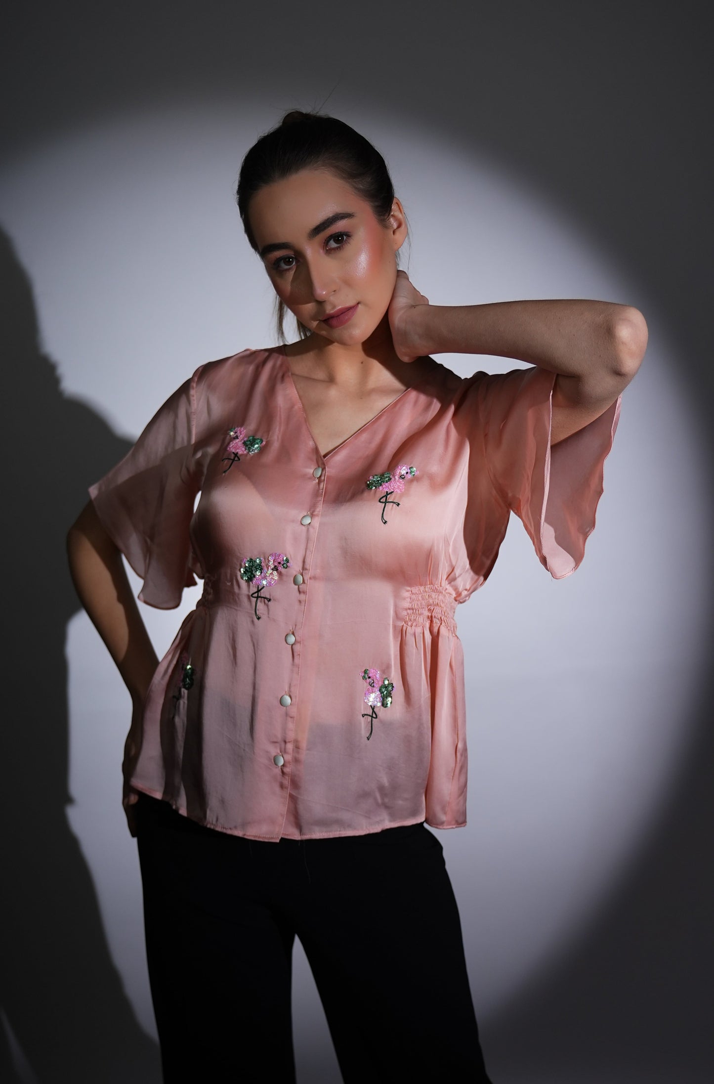 Satin shirt | Peach shirt | Embroidered shirt | Smock Design