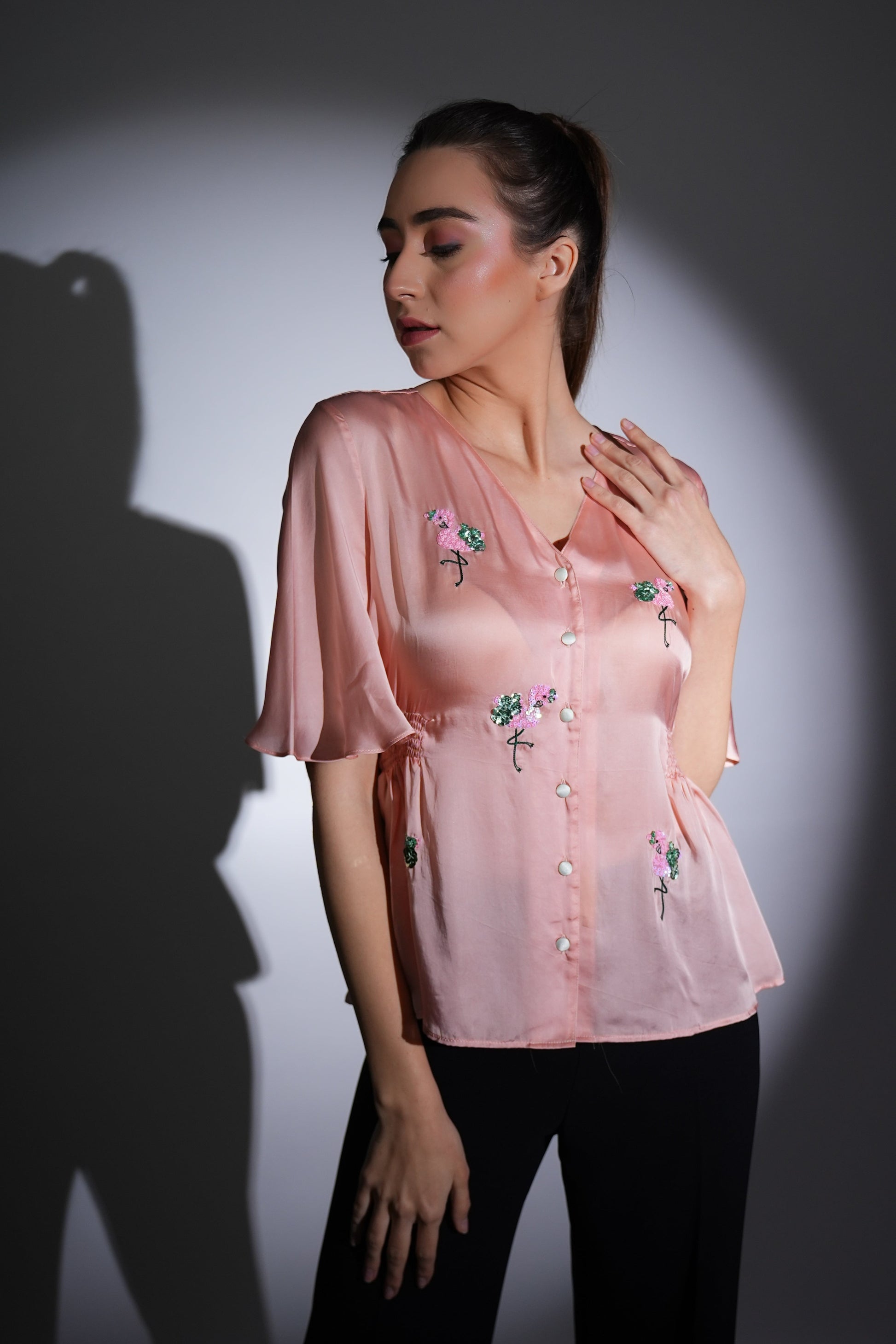 Satin shirt | Peach shirt | Embroidered shirt | Smock Design