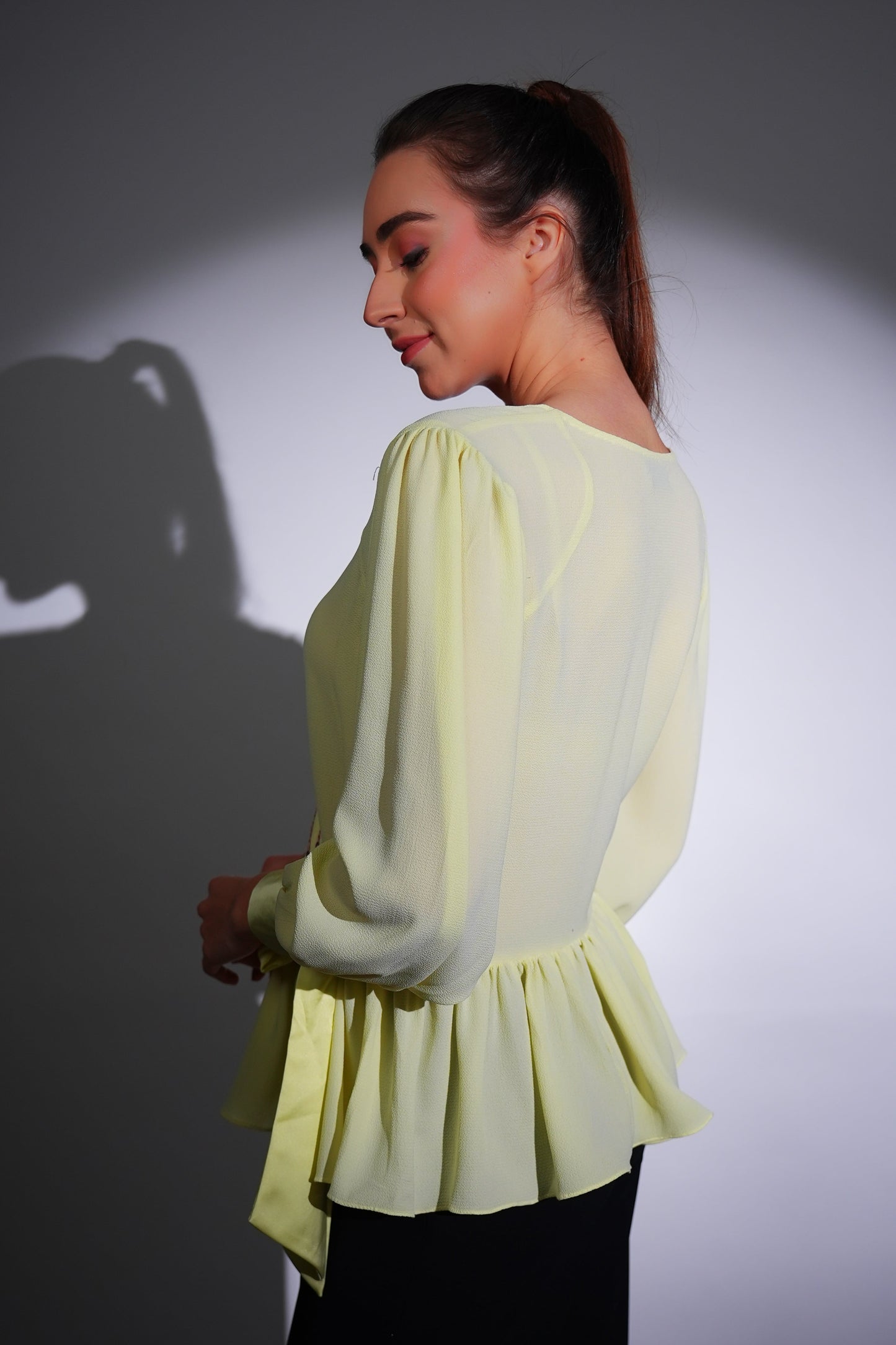 Lemon Yellow Peplum Top | Georgette Top | Peplum Top | Embroidered Top