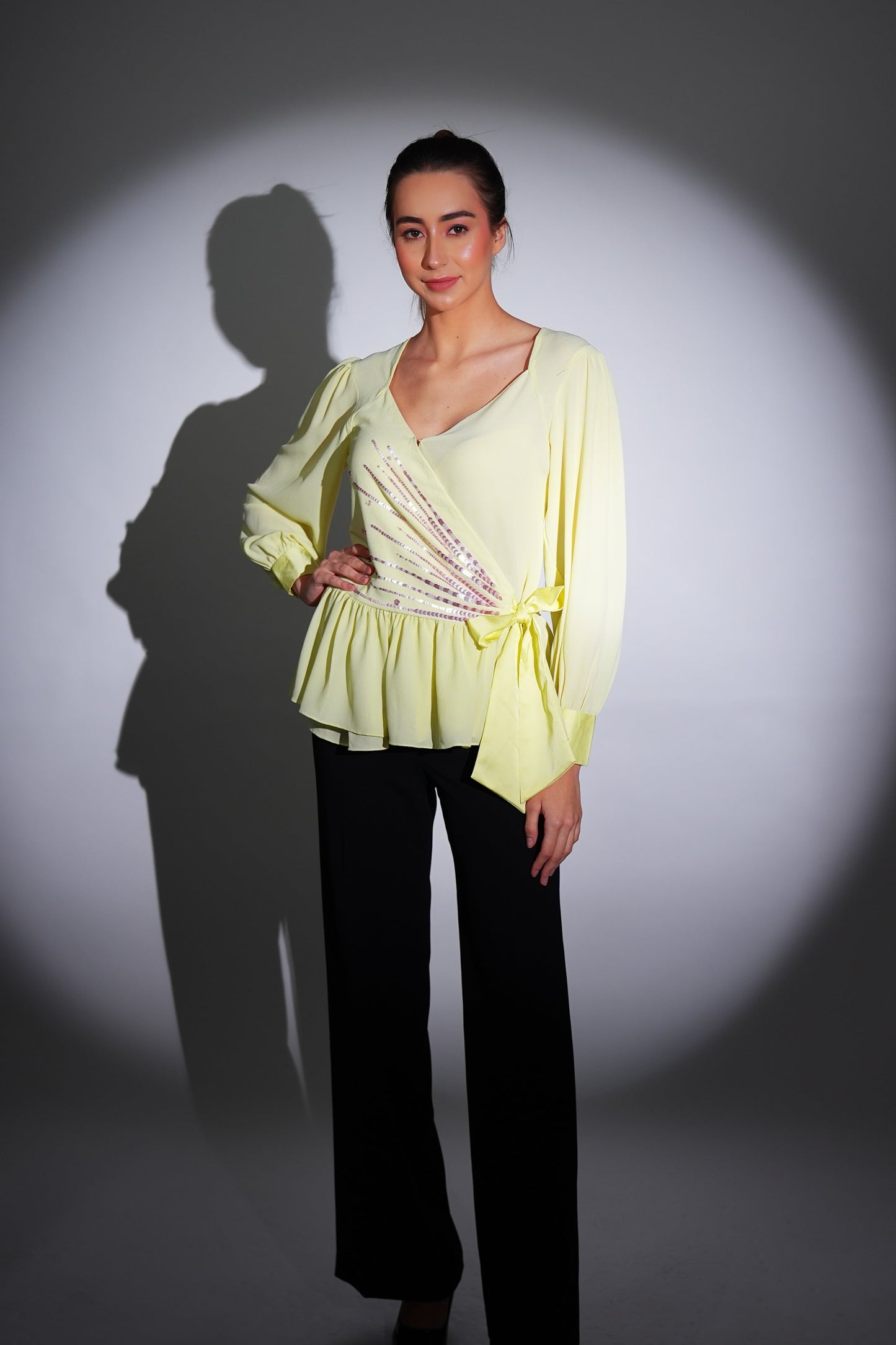 Lemon Yellow Peplum Top | Georgette Top | Peplum Top | Embroidered Top