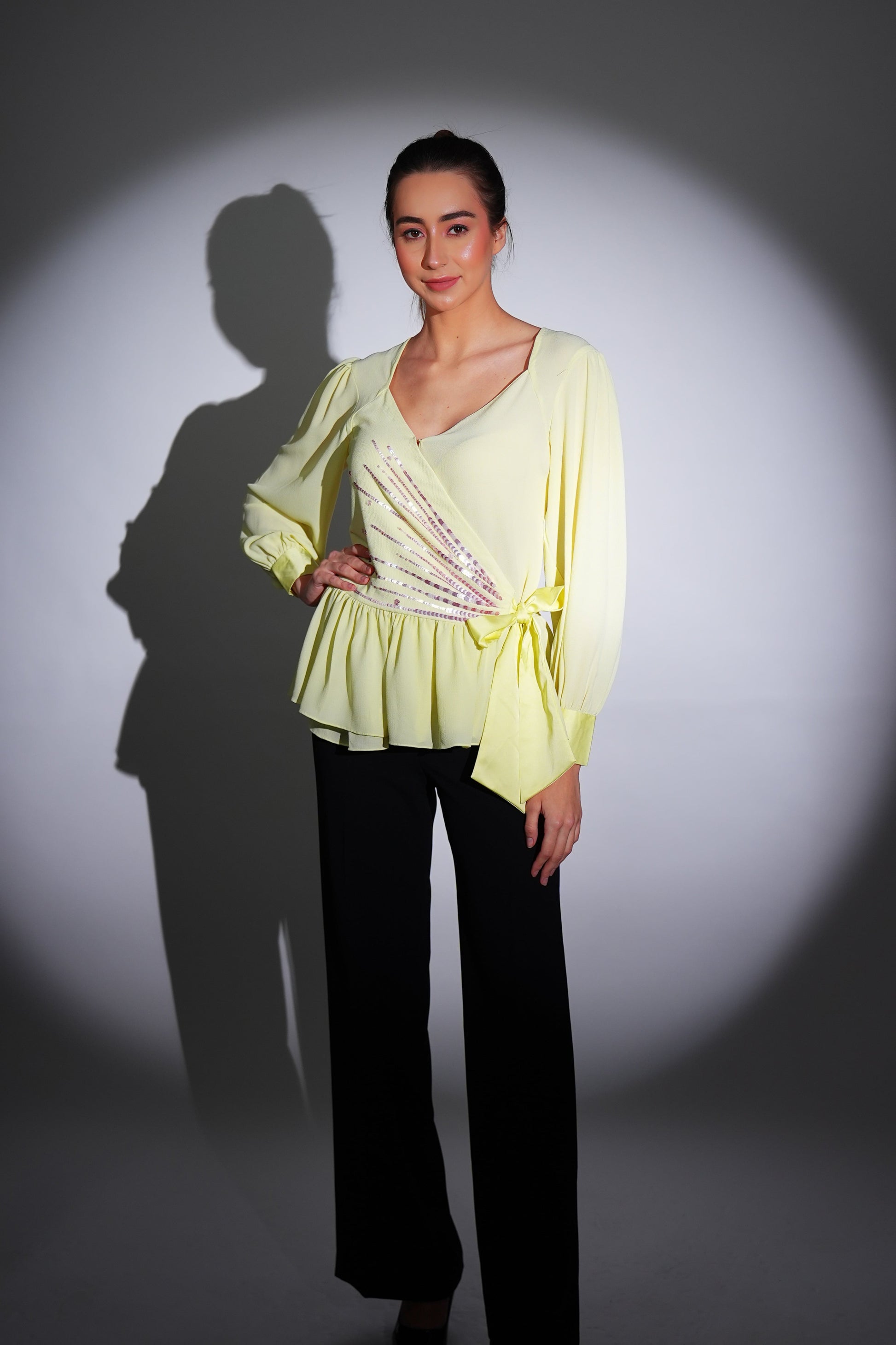 Lemon Yellow Peplum Top | Georgette Top | Peplum Top | Embroidered Top