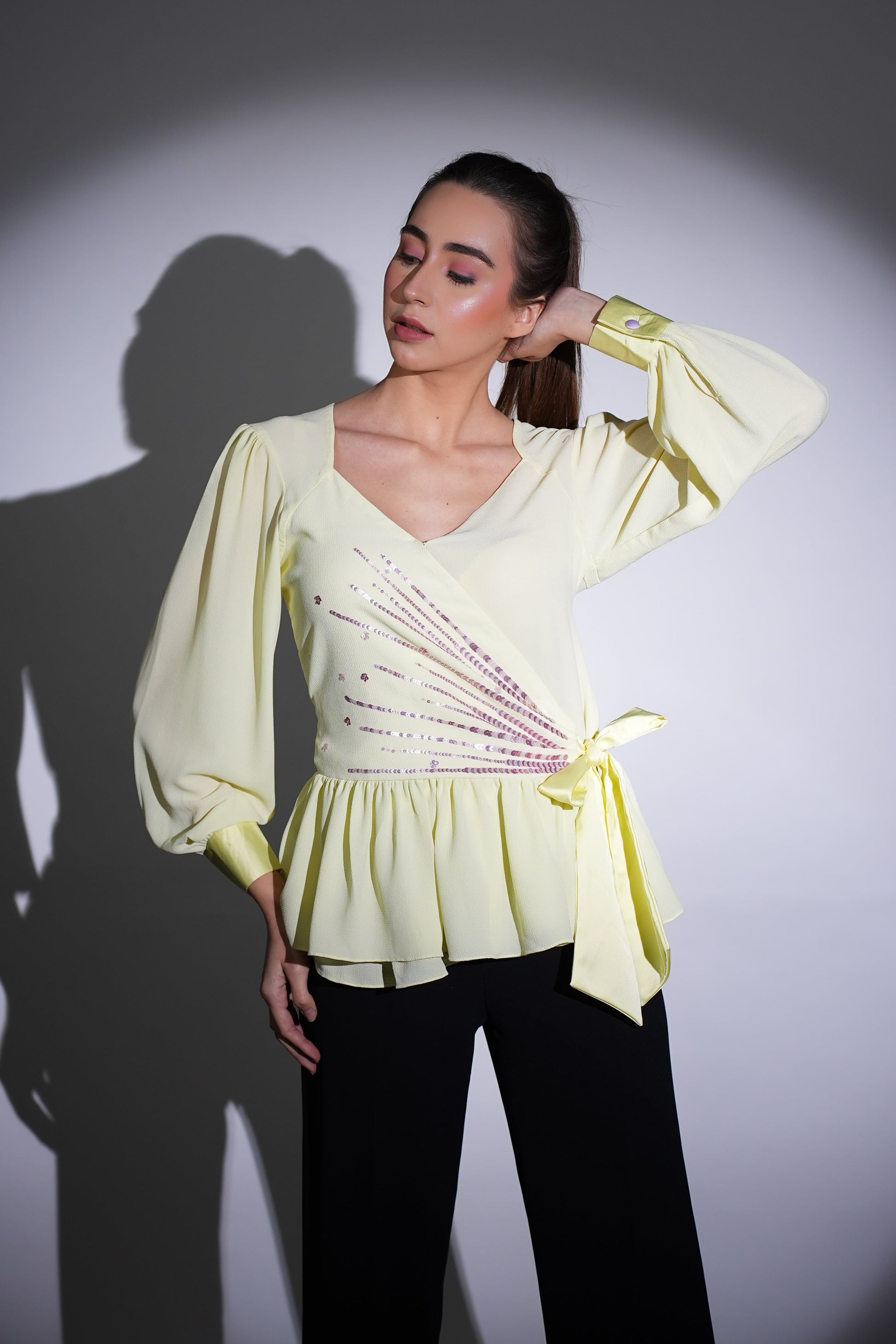 Lemon Yellow Peplum Top | Georgette Top | Peplum Top | Embroidered Top