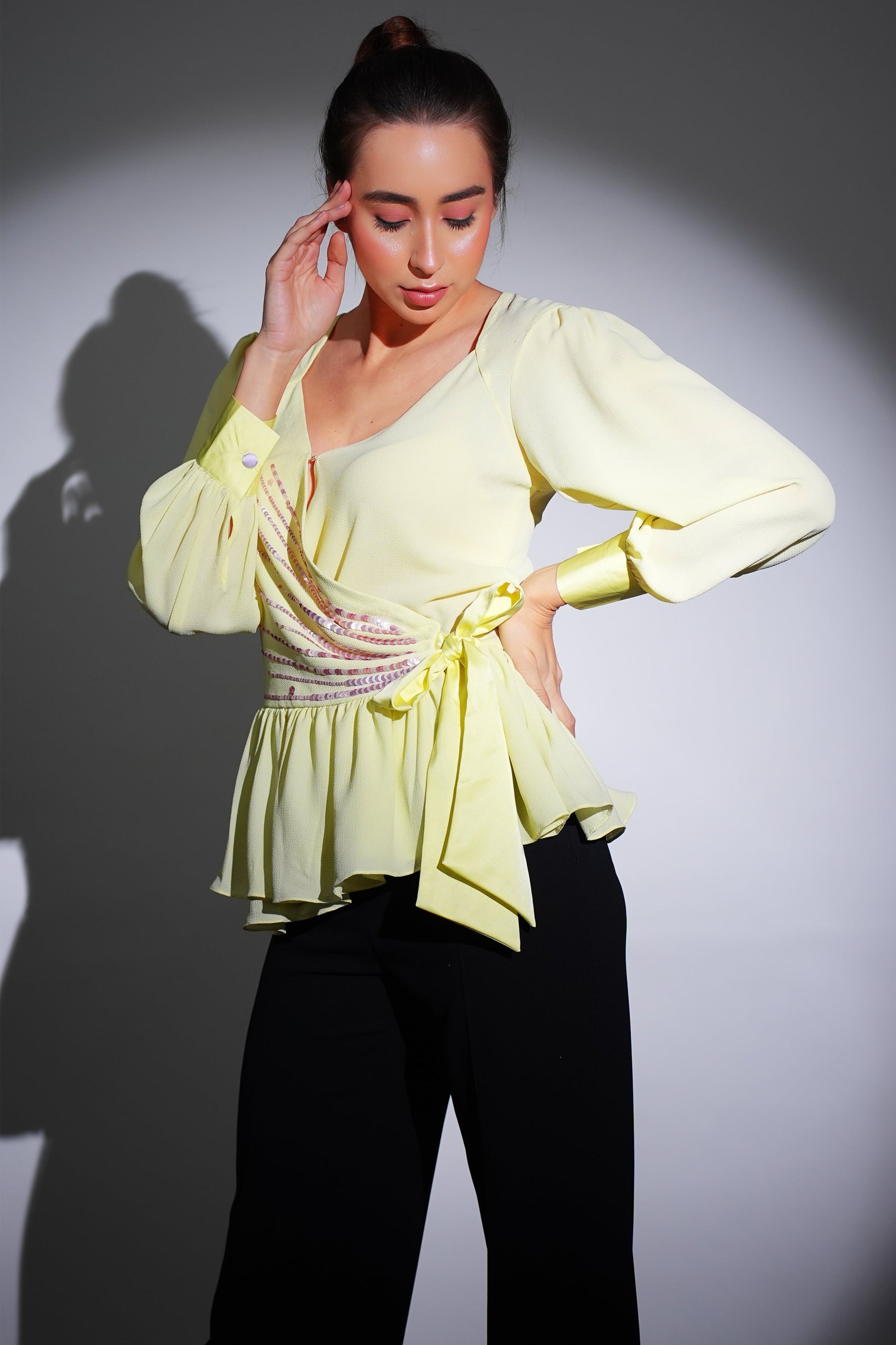 Lemon Yellow Peplum Top | Georgette Top | Peplum Top | Embroidered Top