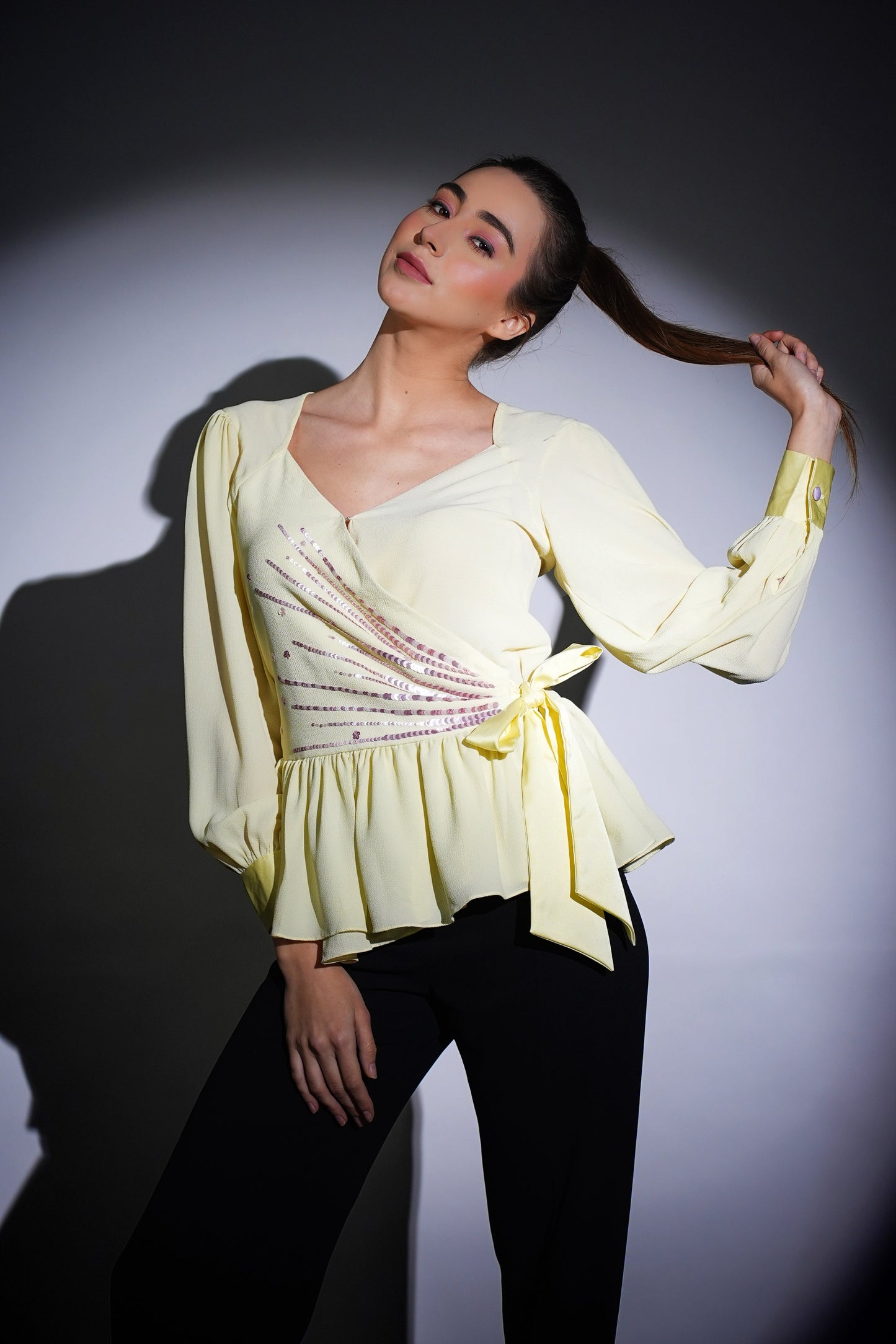 Lemon Yellow Peplum Top | Georgette Top | Peplum Top | Embroidered Top