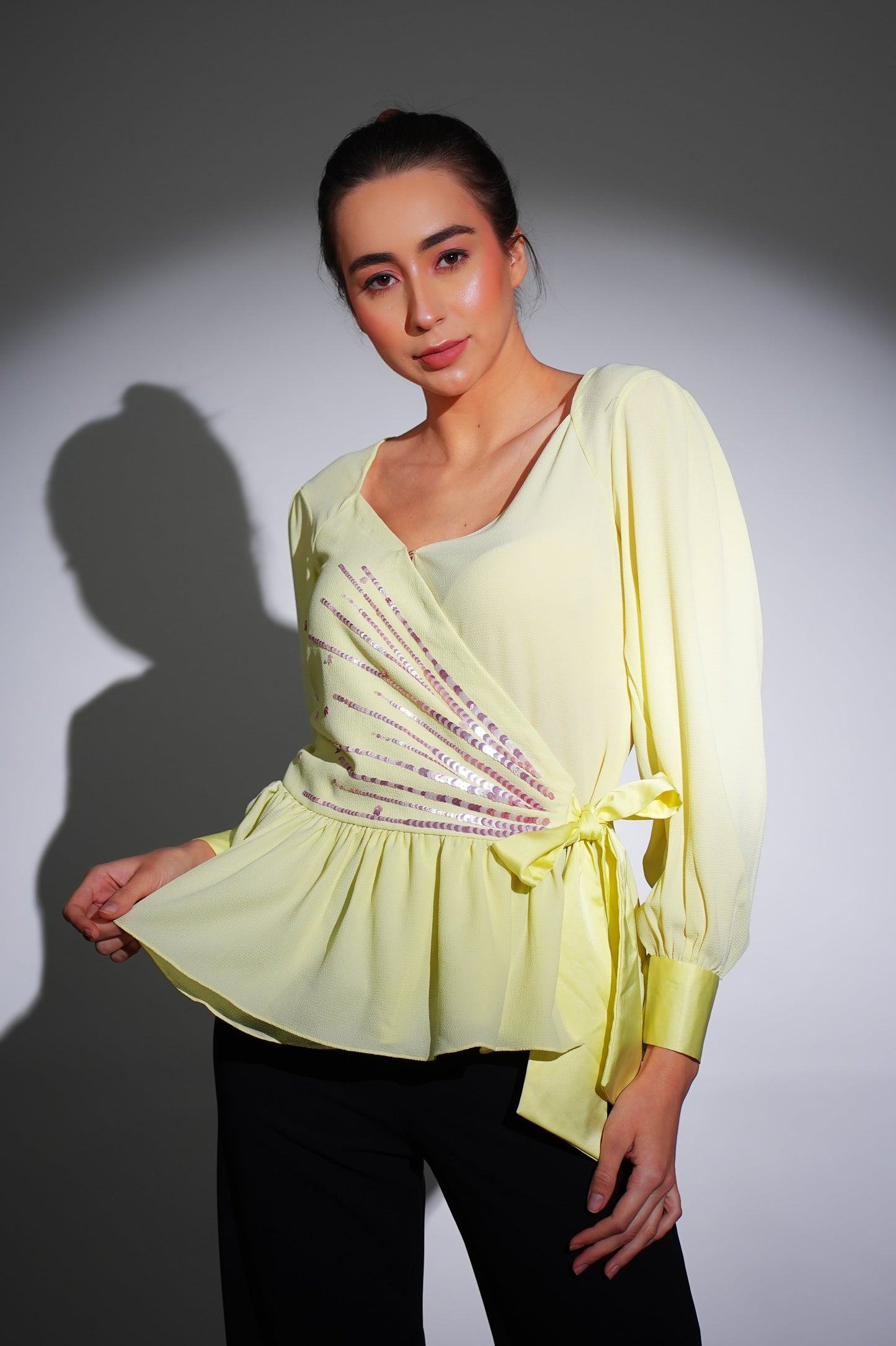 Lemon Yellow Peplum Top | Georgette Top | Peplum Top | Embroidered Top