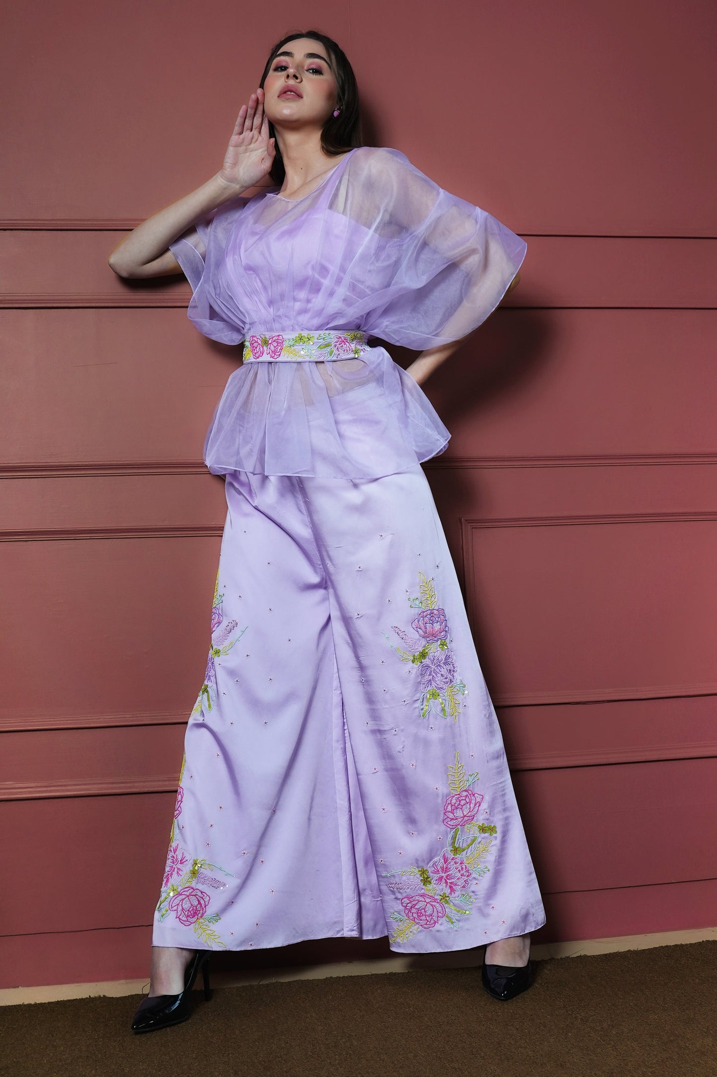 Lavender Co-ord Set with Hand-Embroidered Floral Design