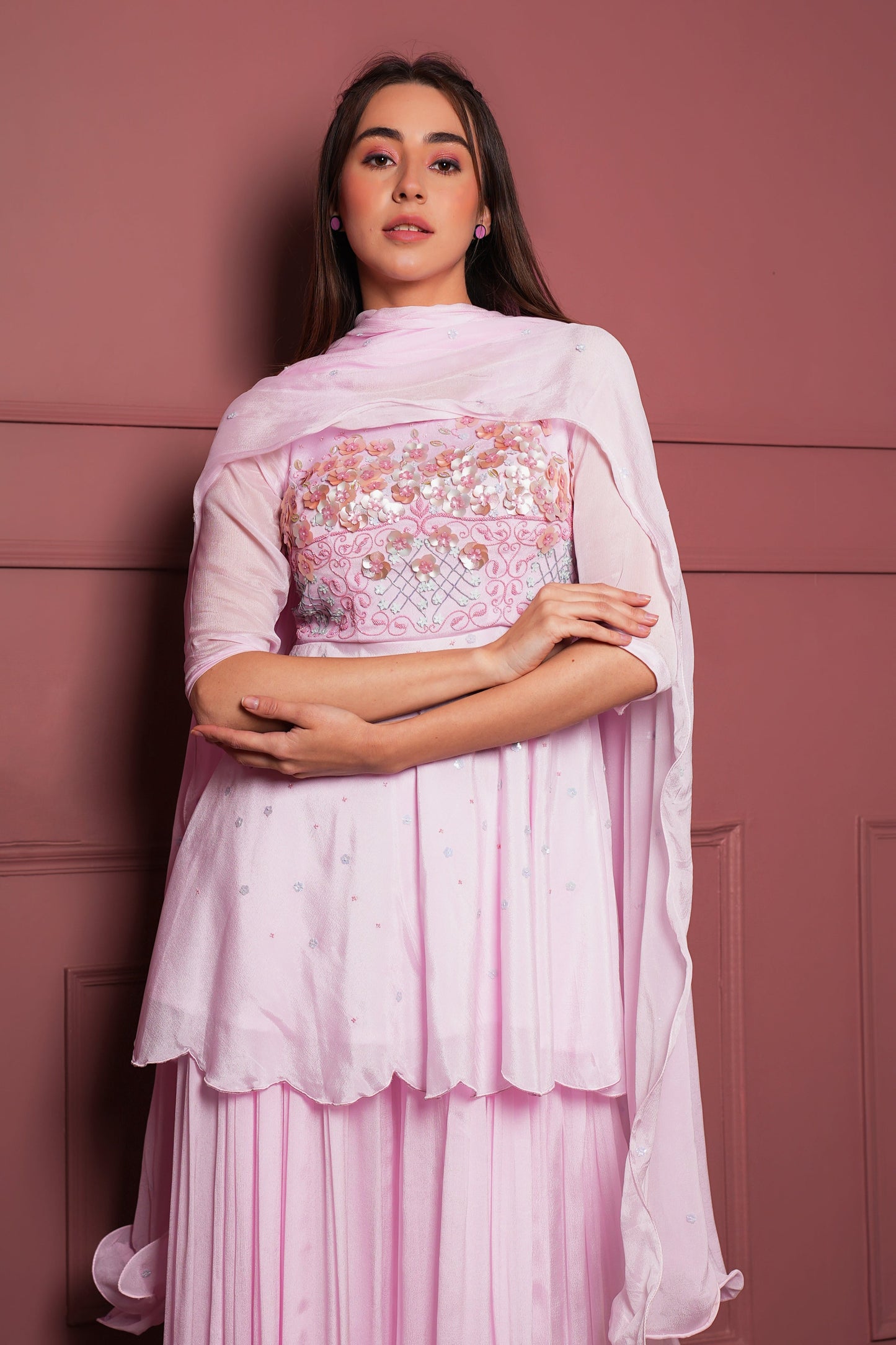 Graceful Baby Pink Sharara Set with Hand-Embroidered Floral Design in Chiffon Fabric