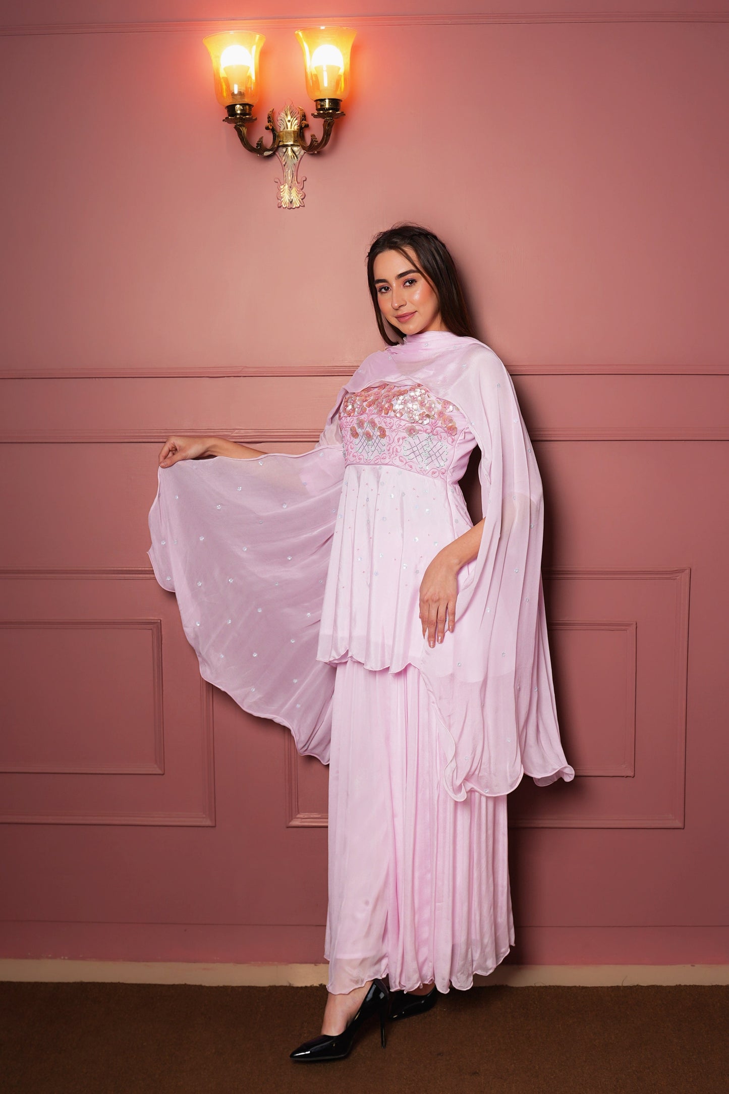 Graceful Baby Pink Sharara Set with Hand-Embroidered Floral Design in Chiffon Fabric