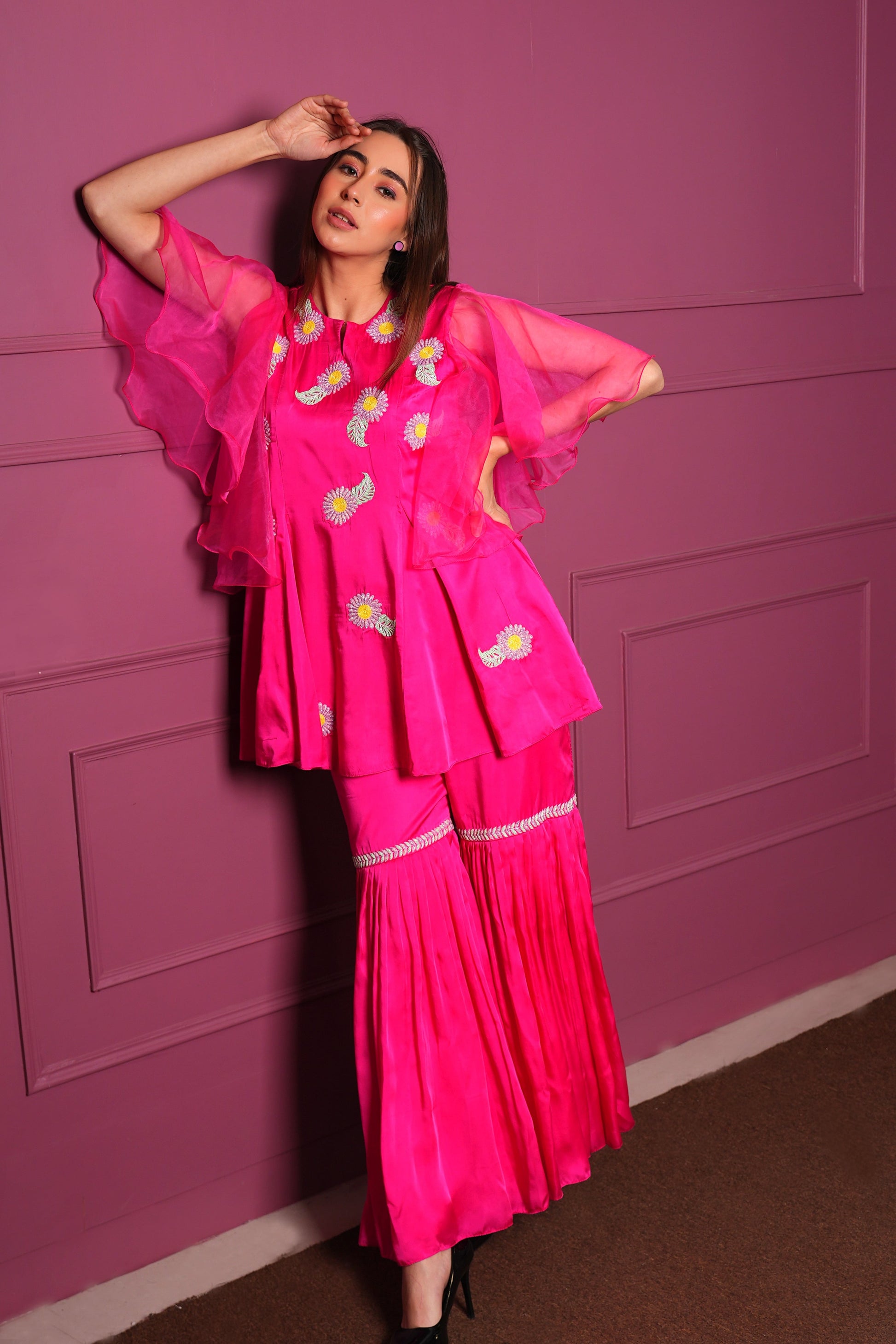 Hot Pink Satin Gharara Set with Hand Embroidered Beads Flowers